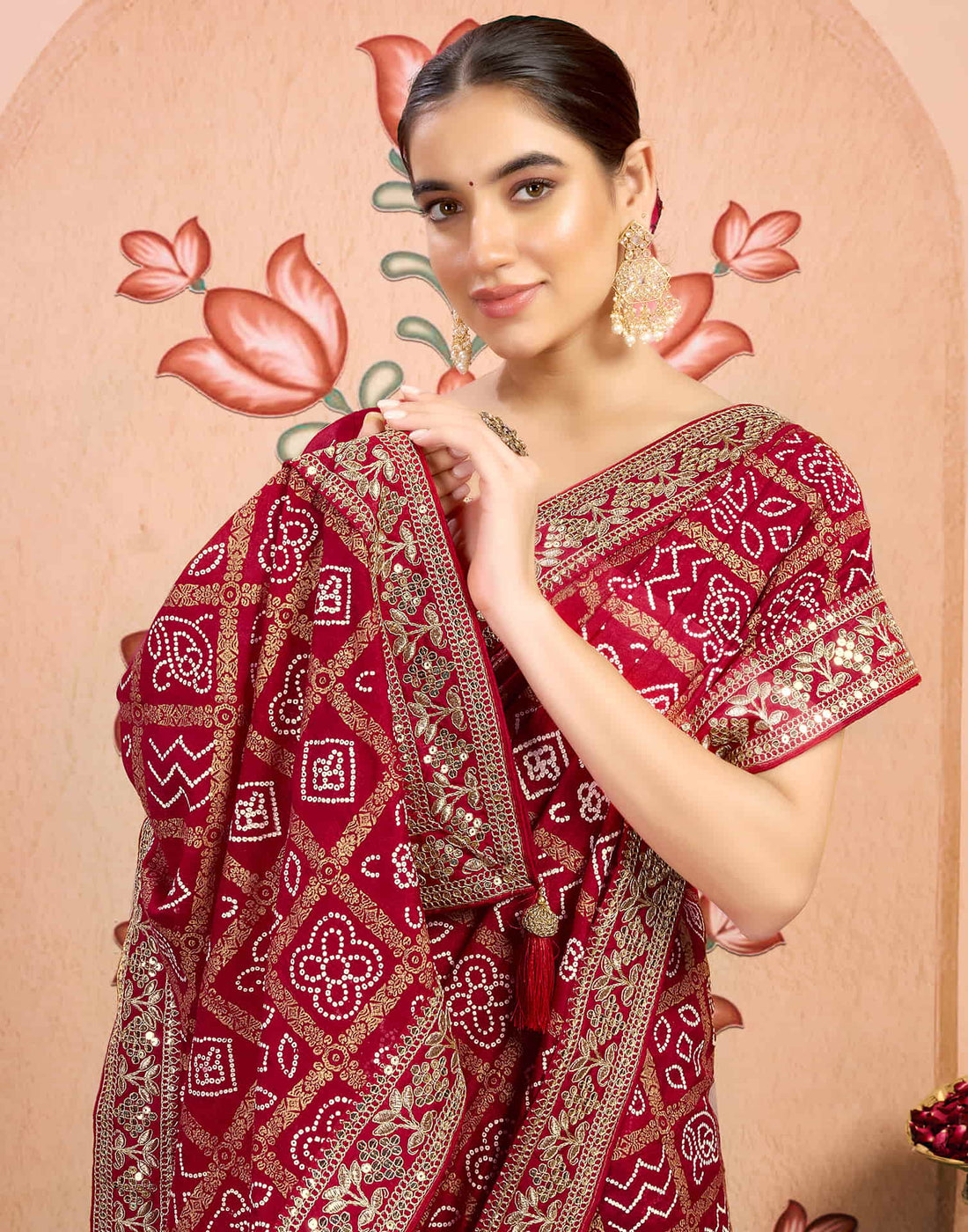 Dark Red Georgette Sequence  Bandhani Saree