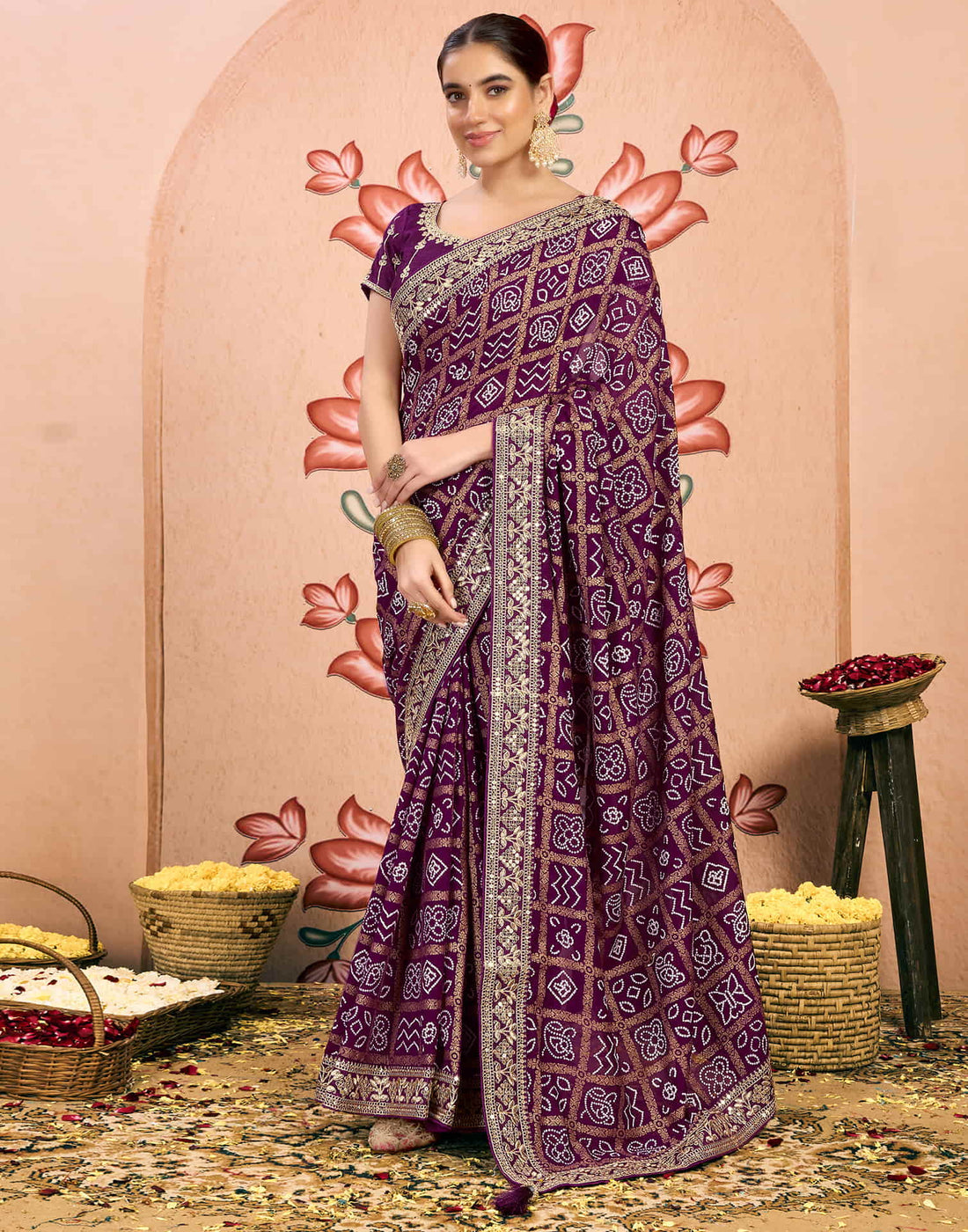 Dark Purple Georgette Sequence  Bandhani Saree