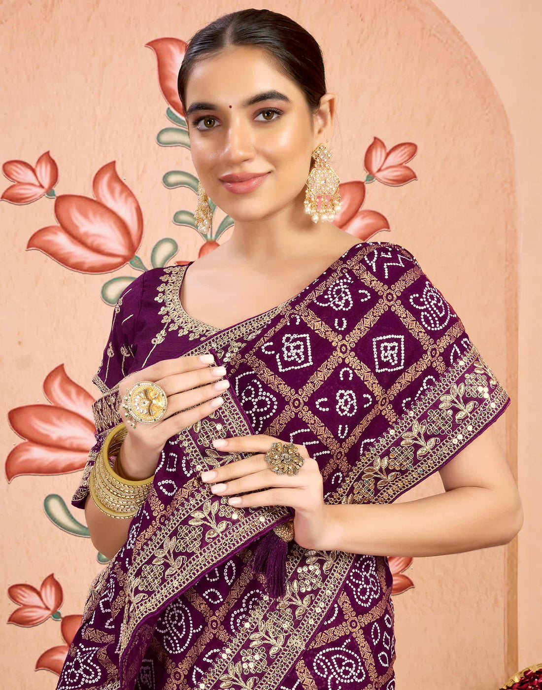 Dark Purple Georgette Sequence  Bandhani Saree