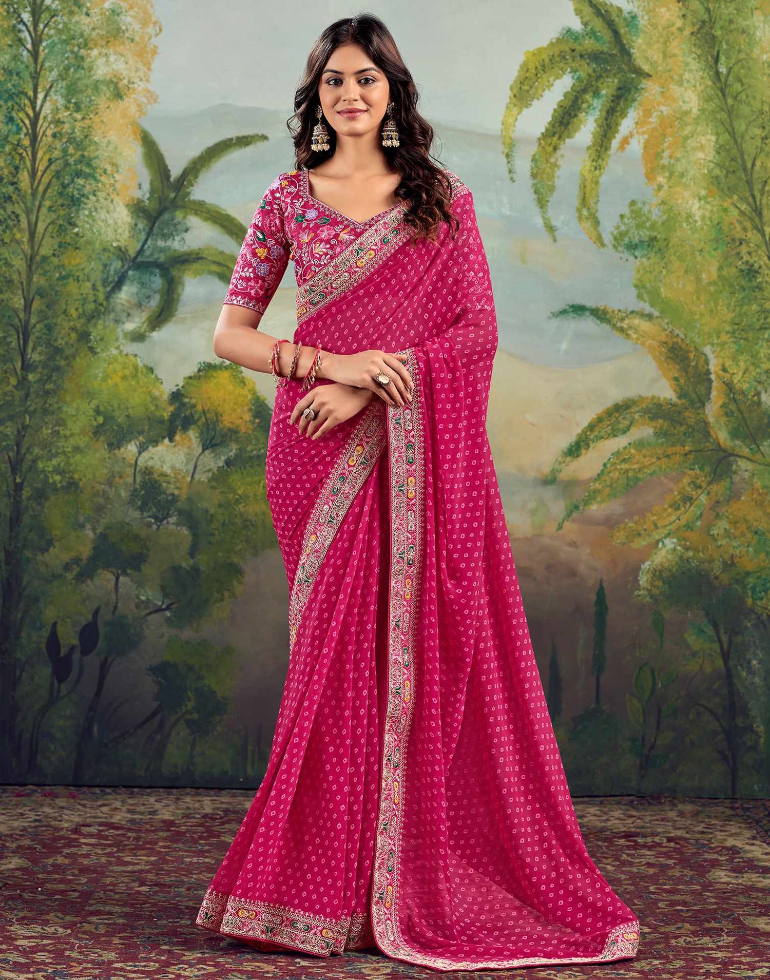 Rani Pink Georgette Sequence Bandhani Saree