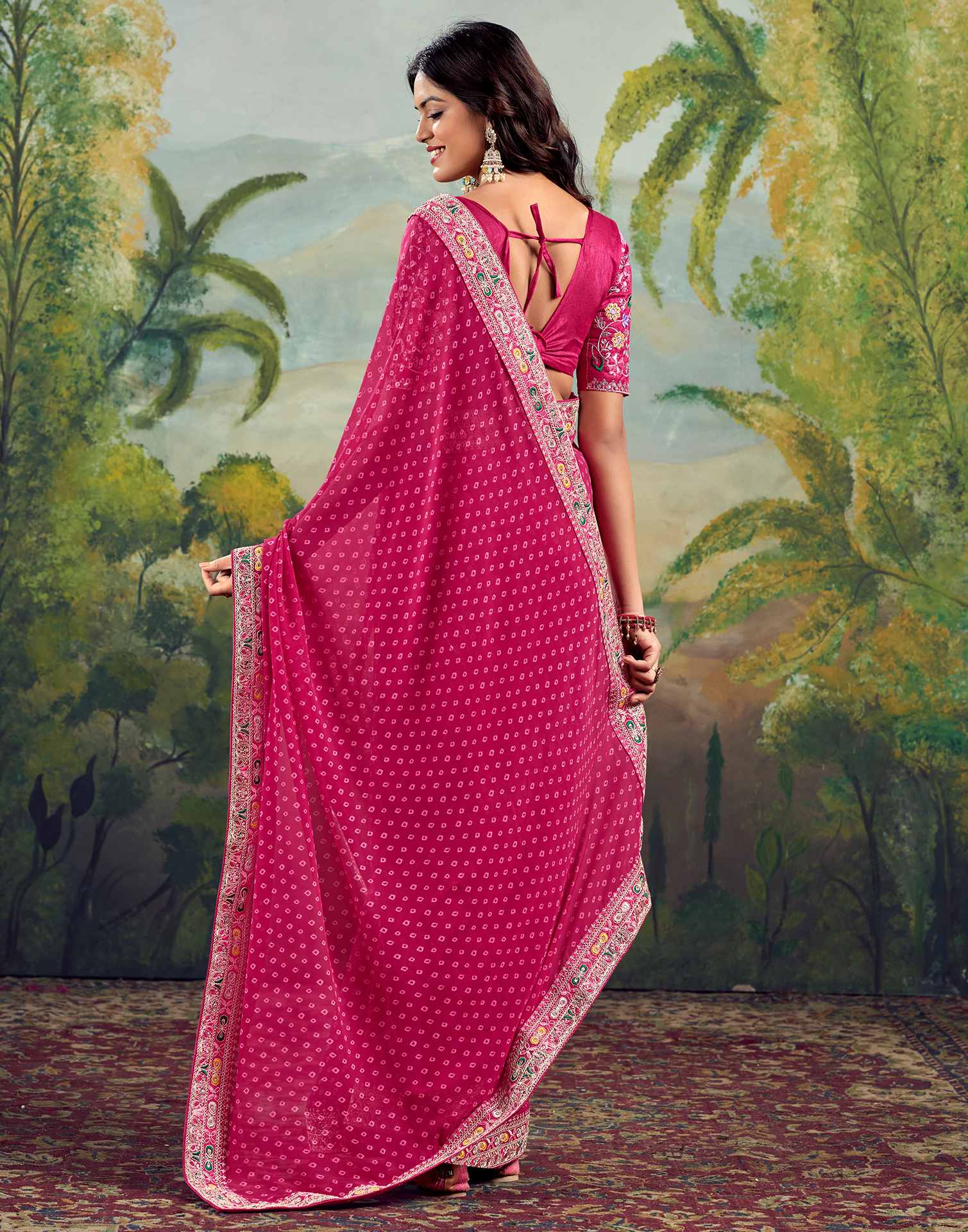 Rani Pink Georgette Sequence Bandhani Saree