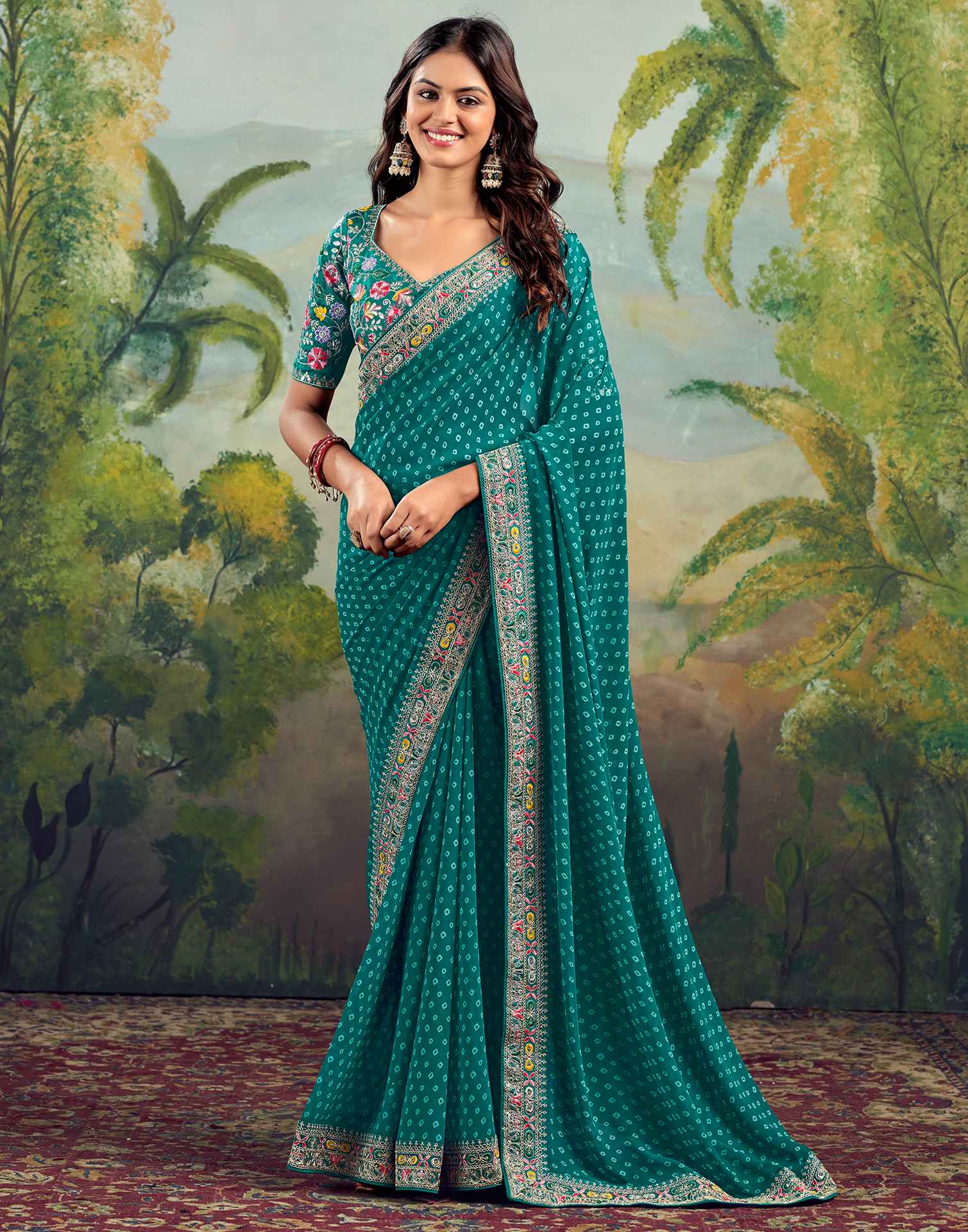 Teal Green Georgette Sequence Bandhani Saree