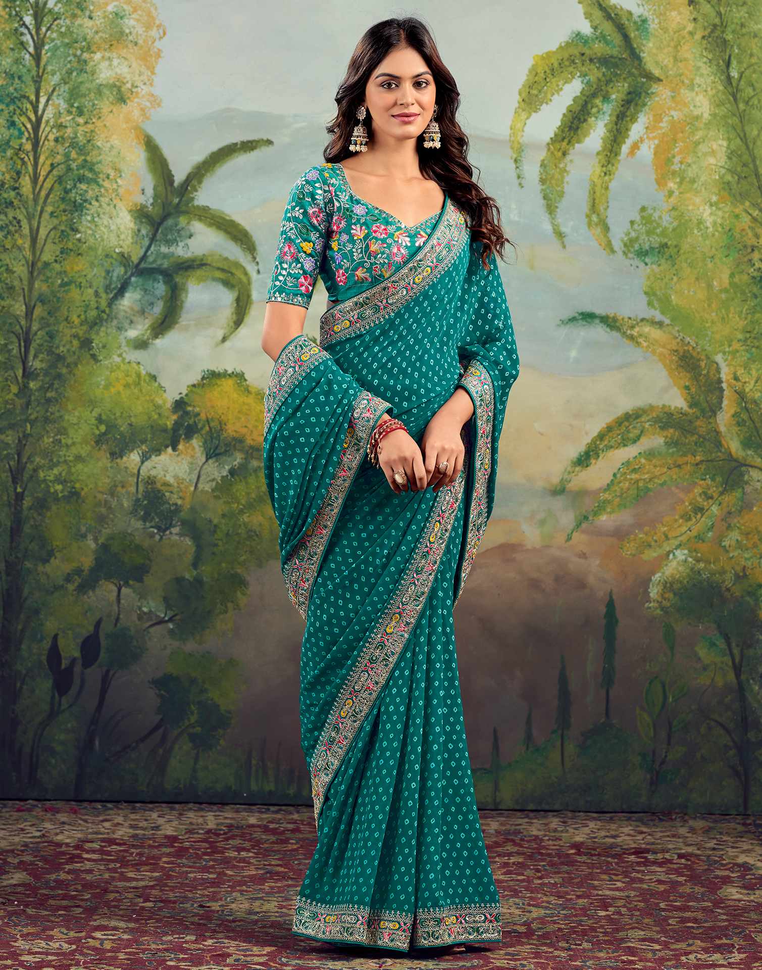 Teal Green Georgette Sequence Bandhani Saree