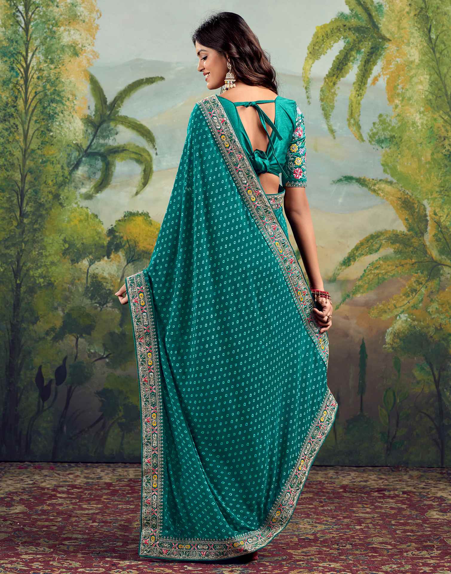 Teal Green Georgette Sequence Bandhani Saree