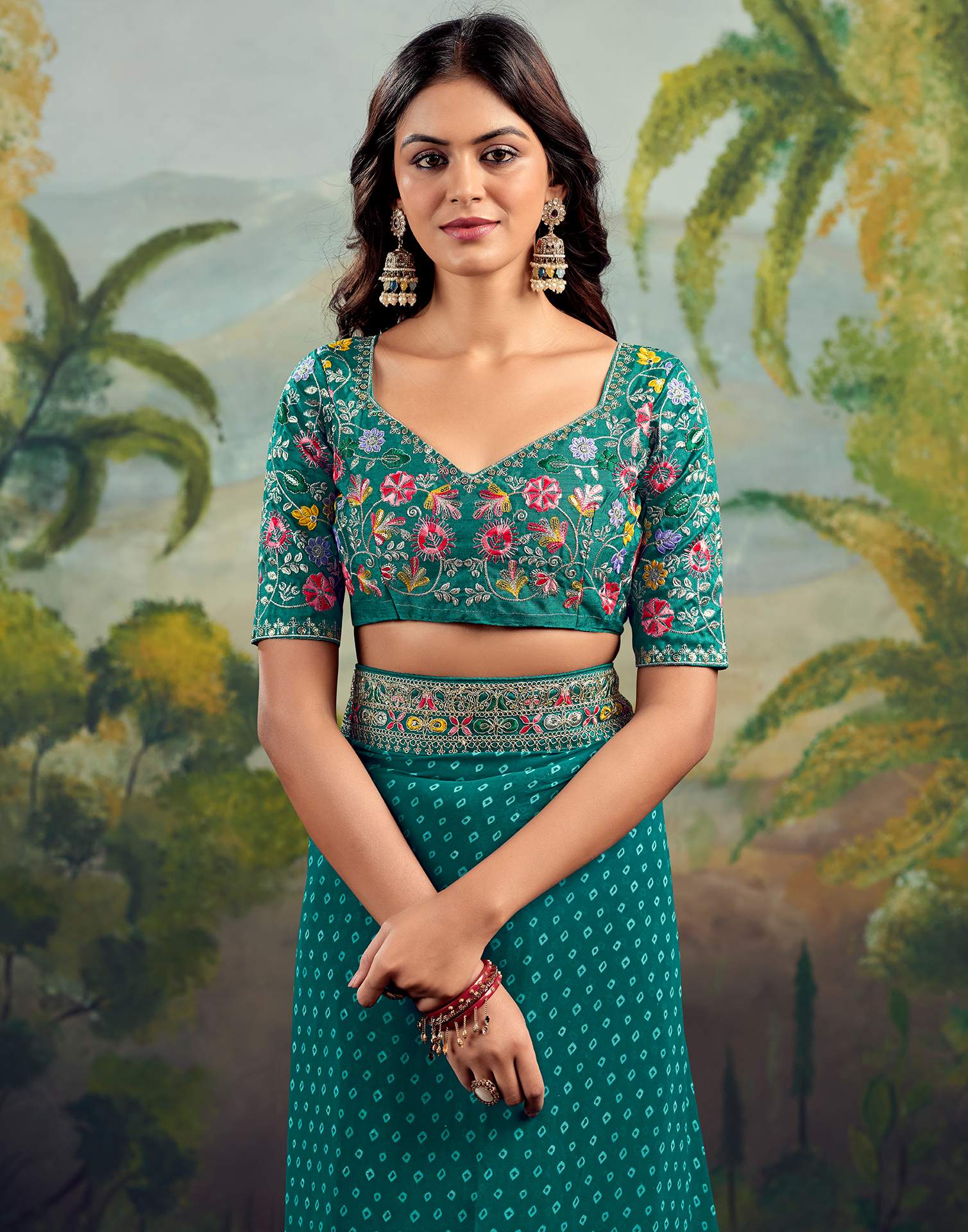 Teal Green Georgette Sequence Bandhani Saree