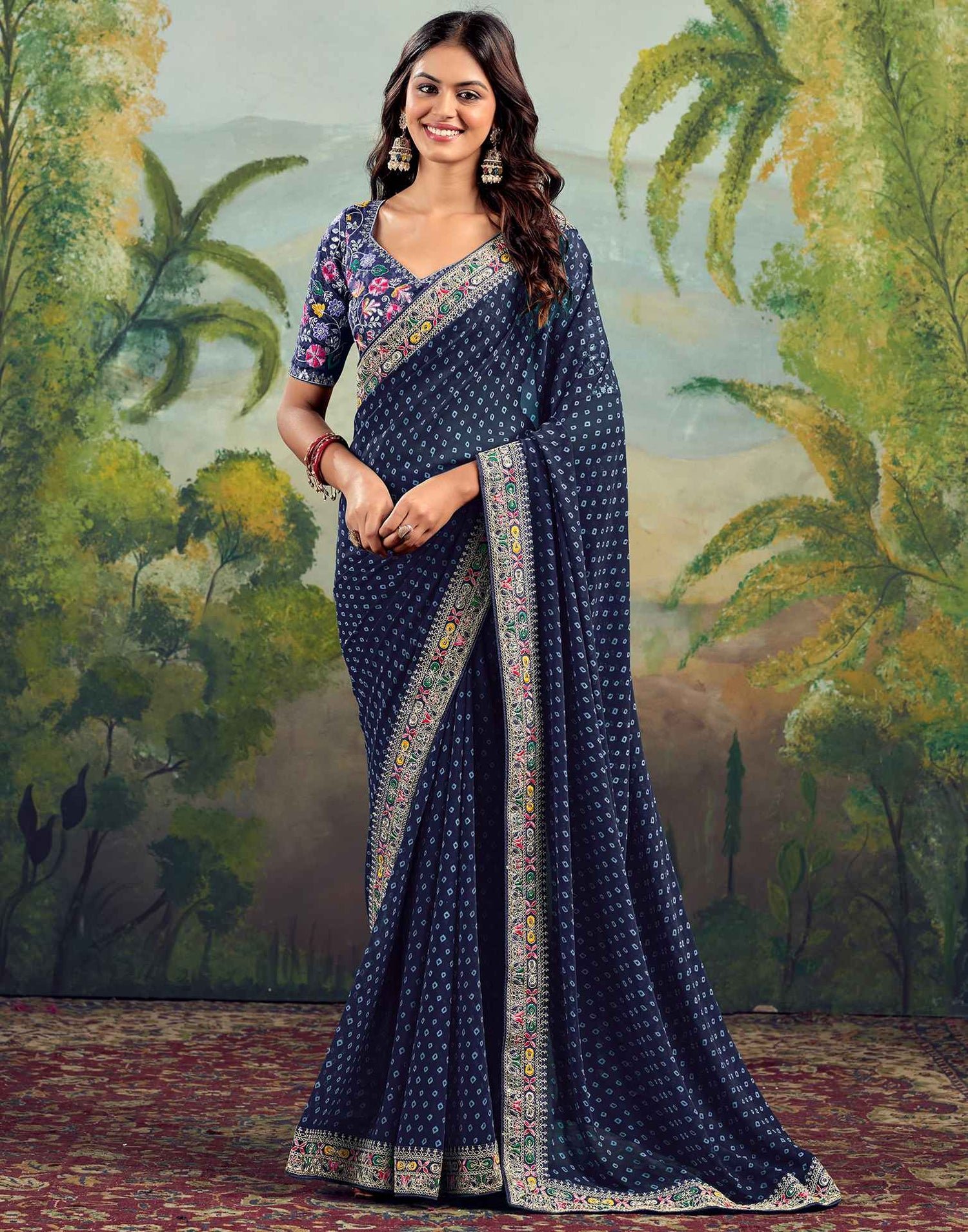 Navy Blue Georgette Sequence Bandhani Saree