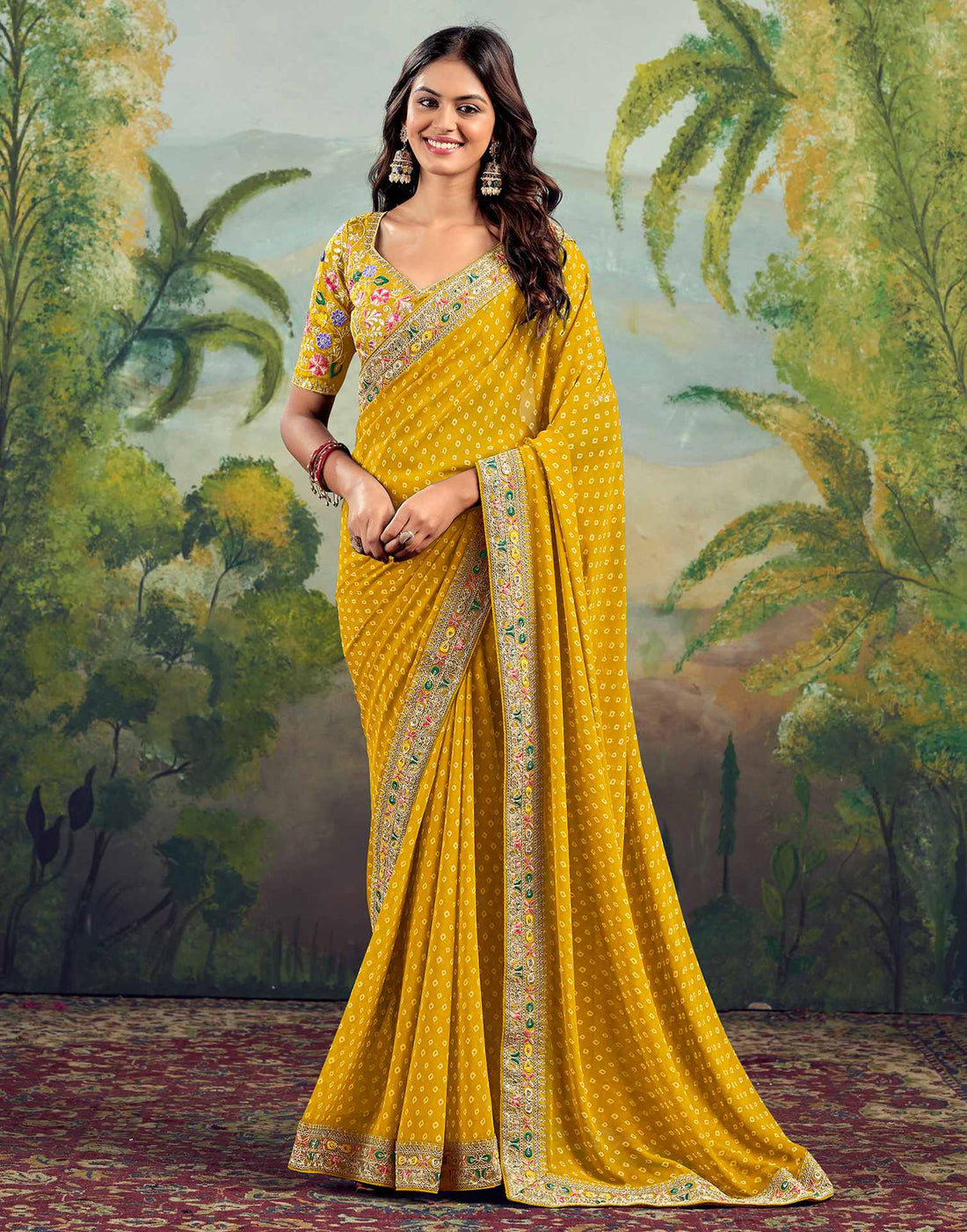 Yellow Georgette Sequence Bandhani Saree