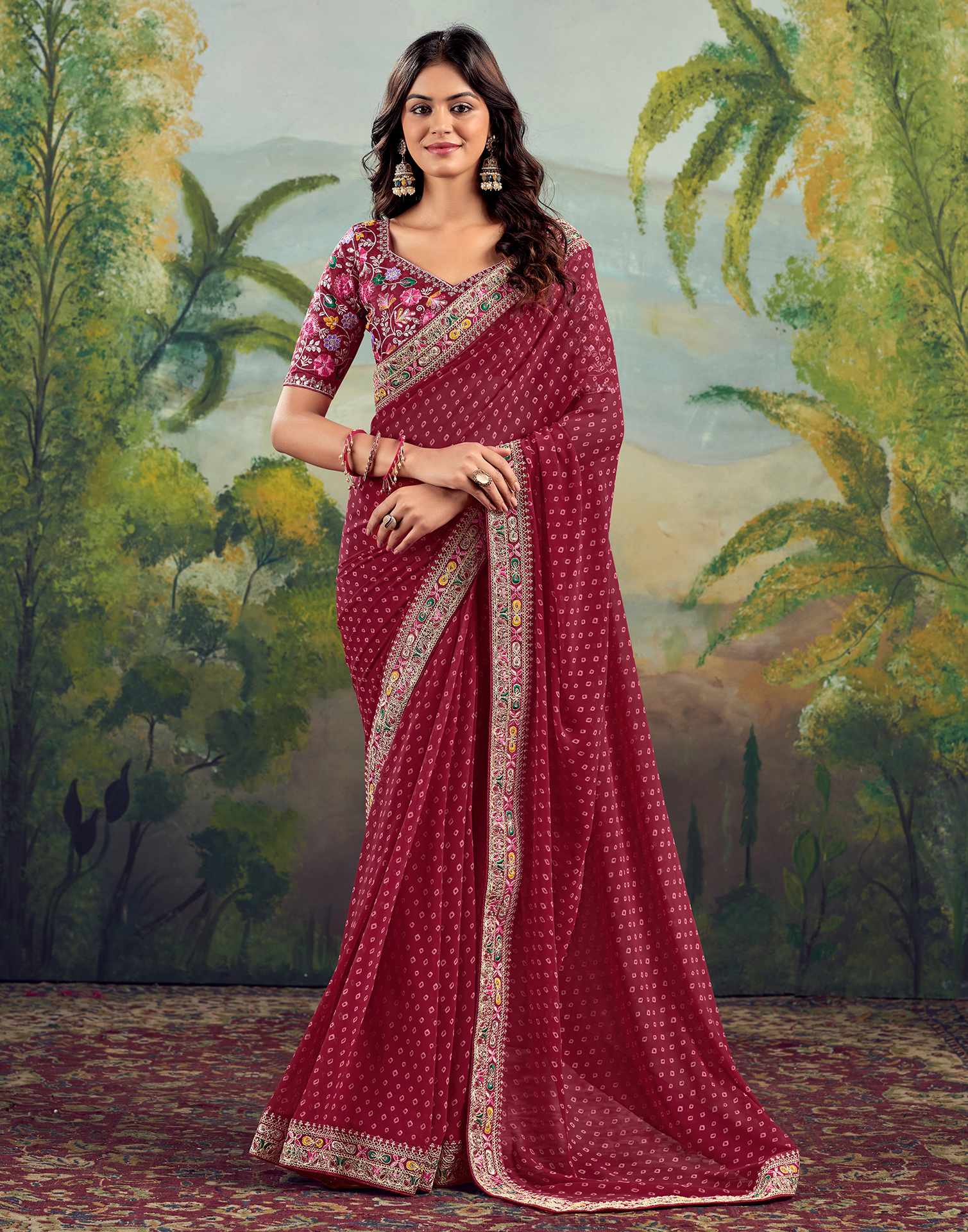 Dark Red Georgette Sequence Bandhani Saree