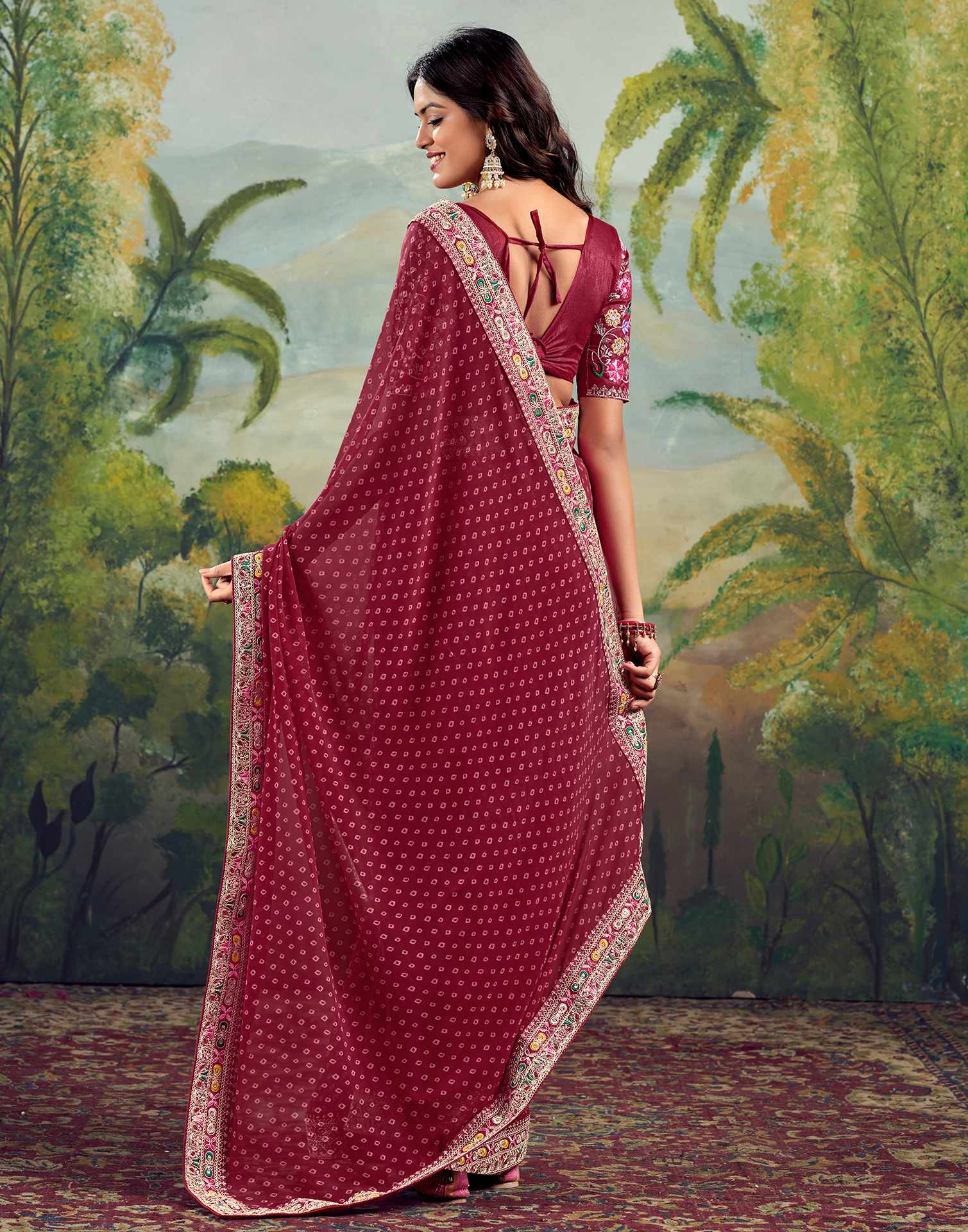 Dark Red Georgette Sequence Bandhani Saree