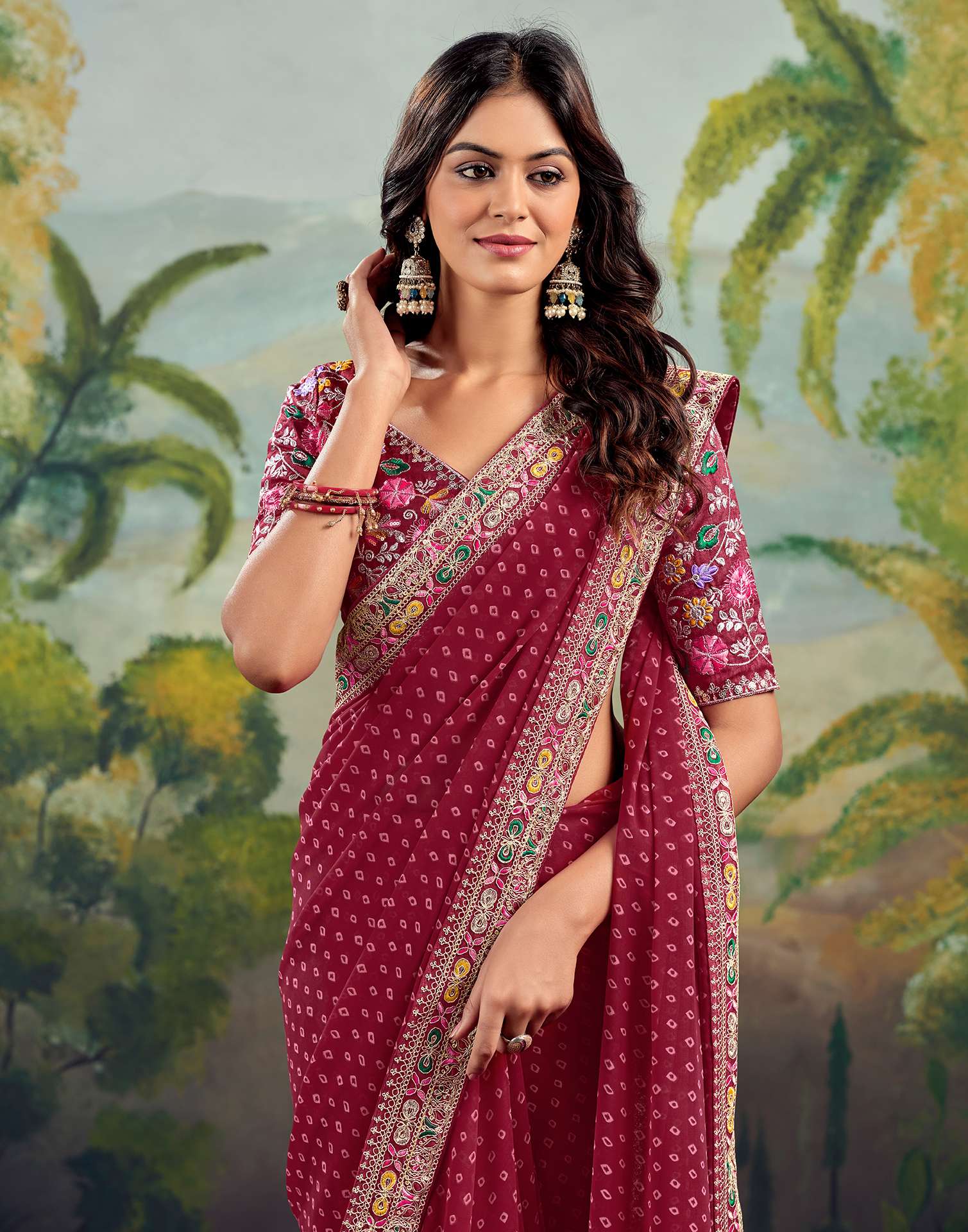 Dark Red Georgette Sequence Bandhani Saree