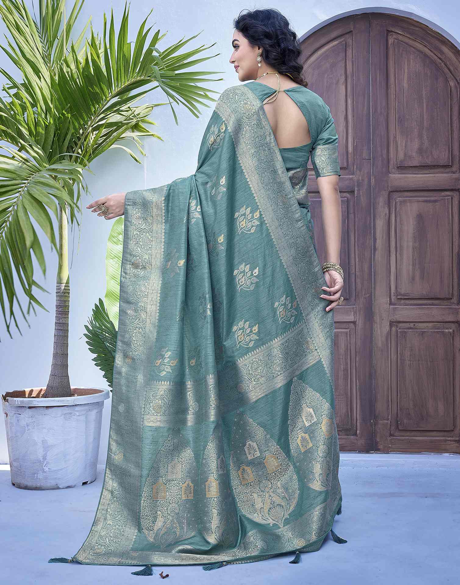 Dusty Teal Green Silk Weaving Banarasi Saree