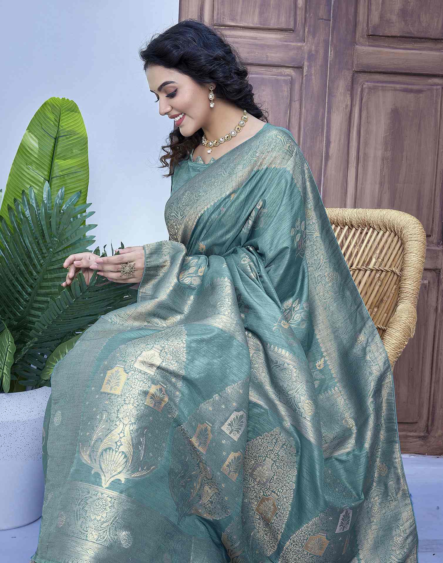 Dusty Teal Green Silk Weaving Banarasi Saree