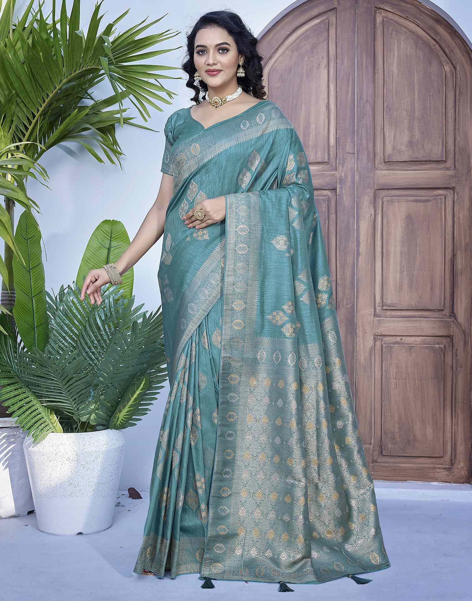 Dusty Teal Green Silk Weaving Banarasi Saree