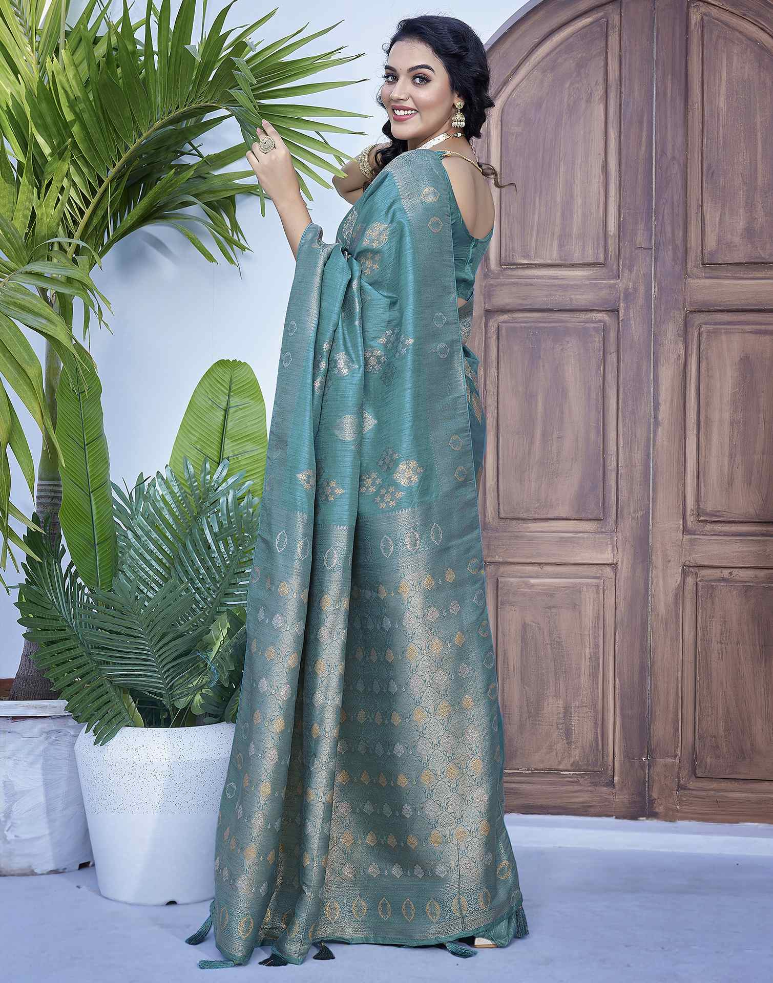 Dusty Teal Green Silk Weaving Banarasi Saree