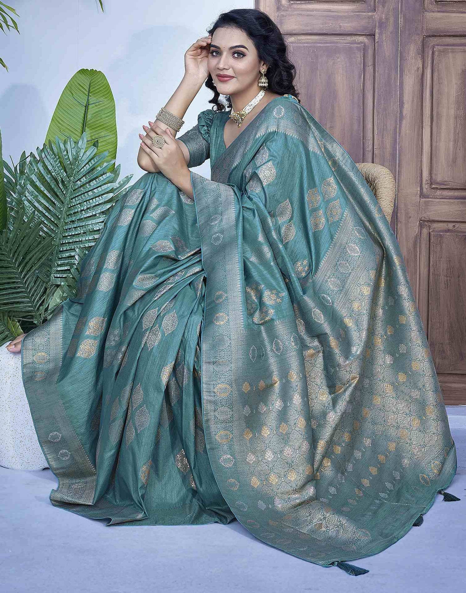 Dusty Teal Green Silk Weaving Banarasi Saree