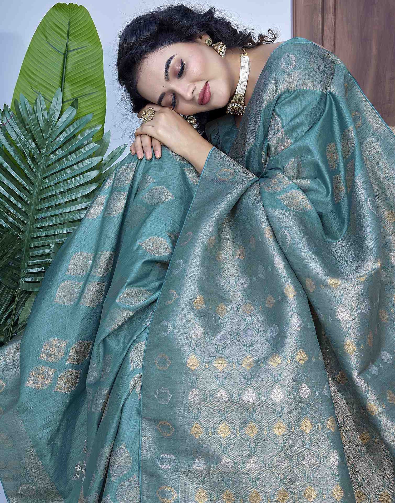 Dusty Teal Green Silk Weaving Banarasi Saree