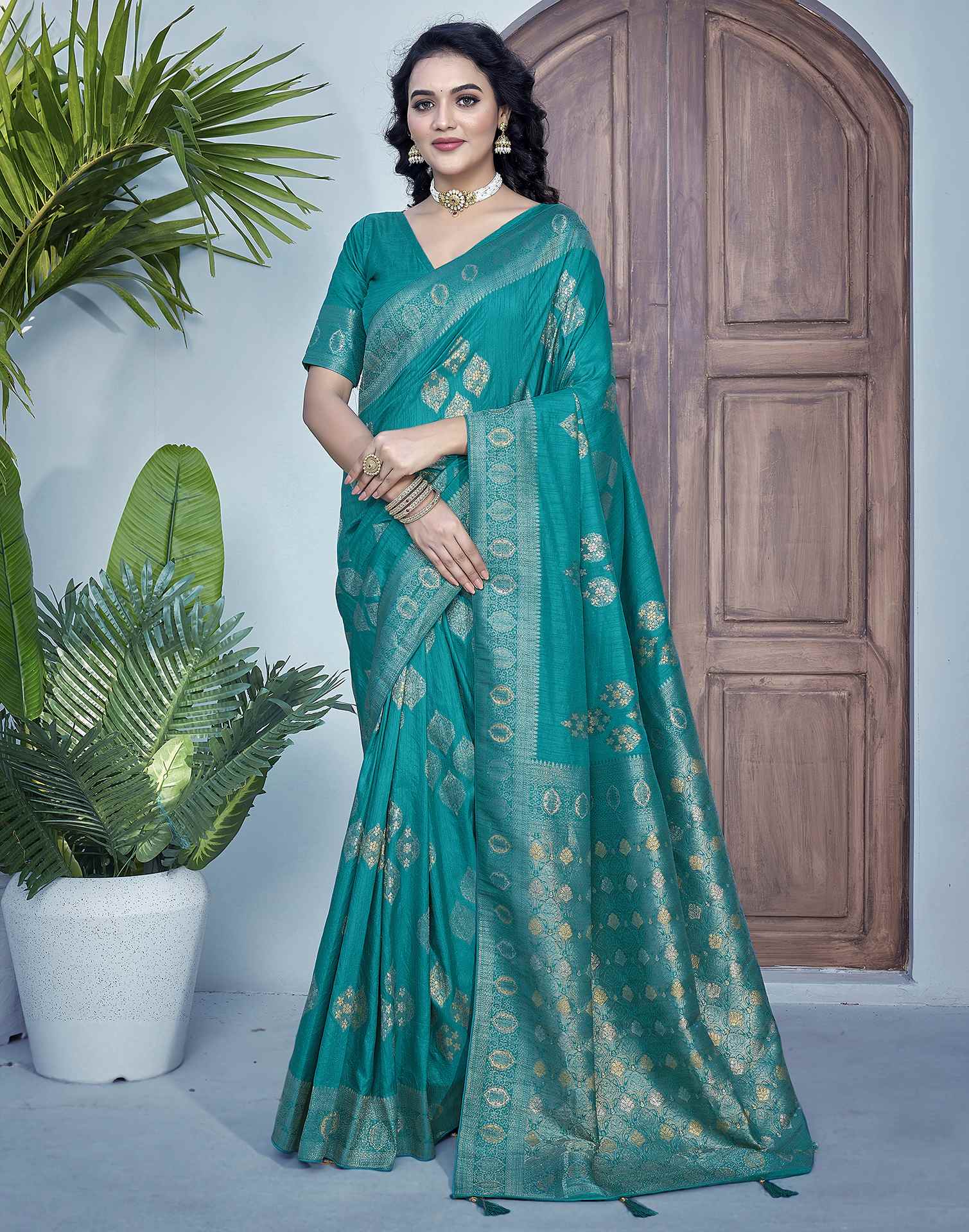 Teal Green Silk Weaving Banarasi Saree