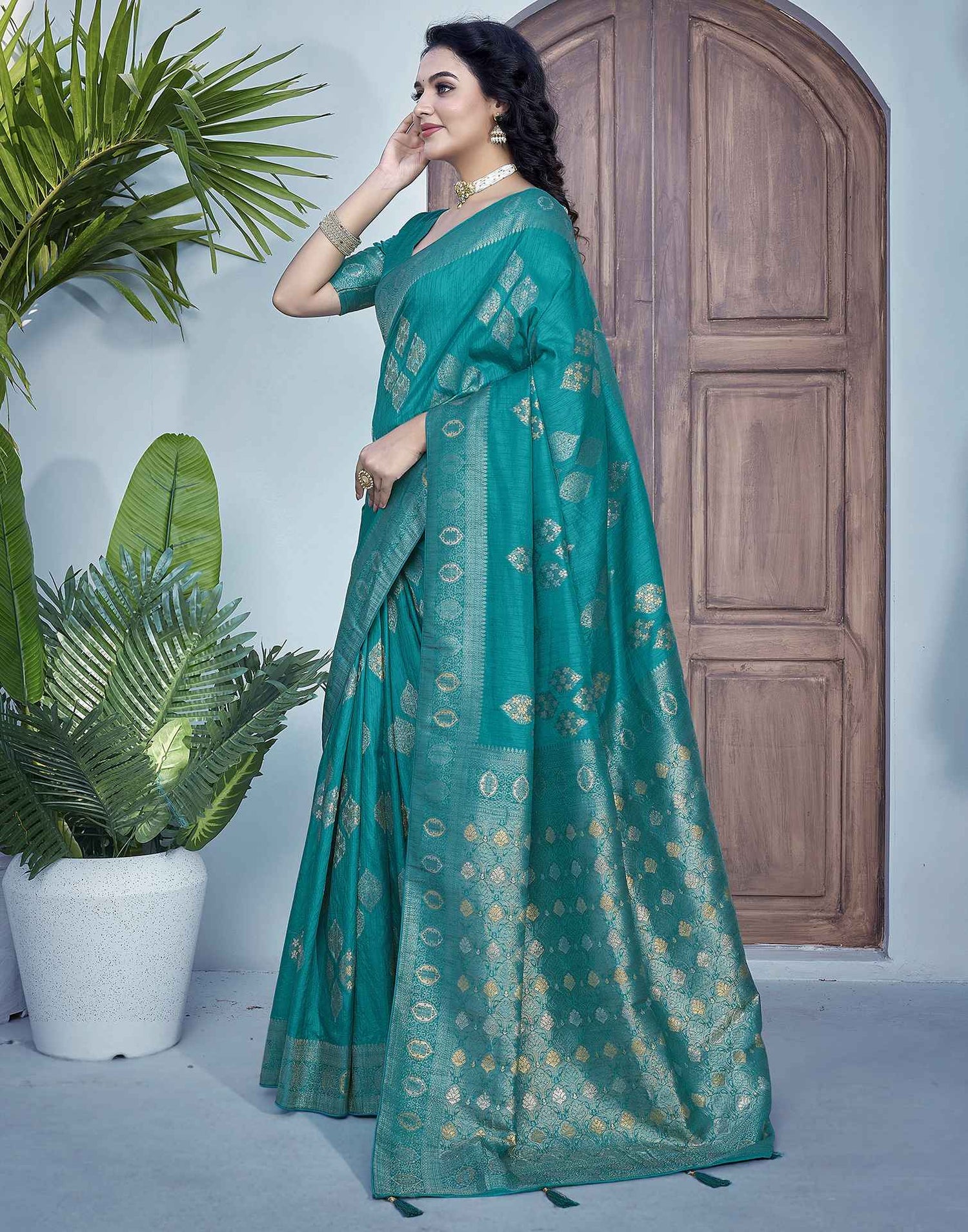 Teal Green Silk Weaving Banarasi Saree