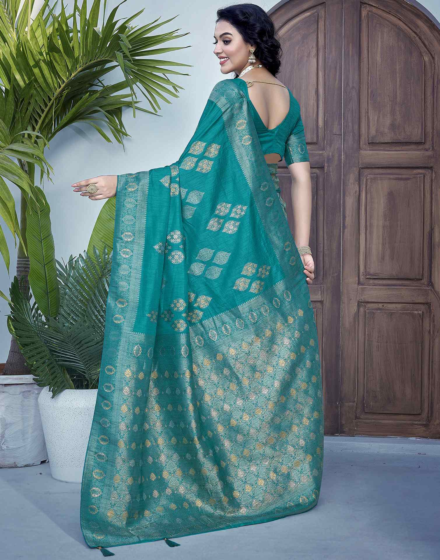 Teal Green Silk Weaving Banarasi Saree