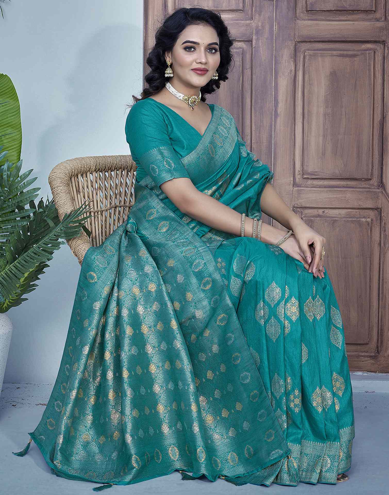 Teal Green Silk Weaving Banarasi Saree