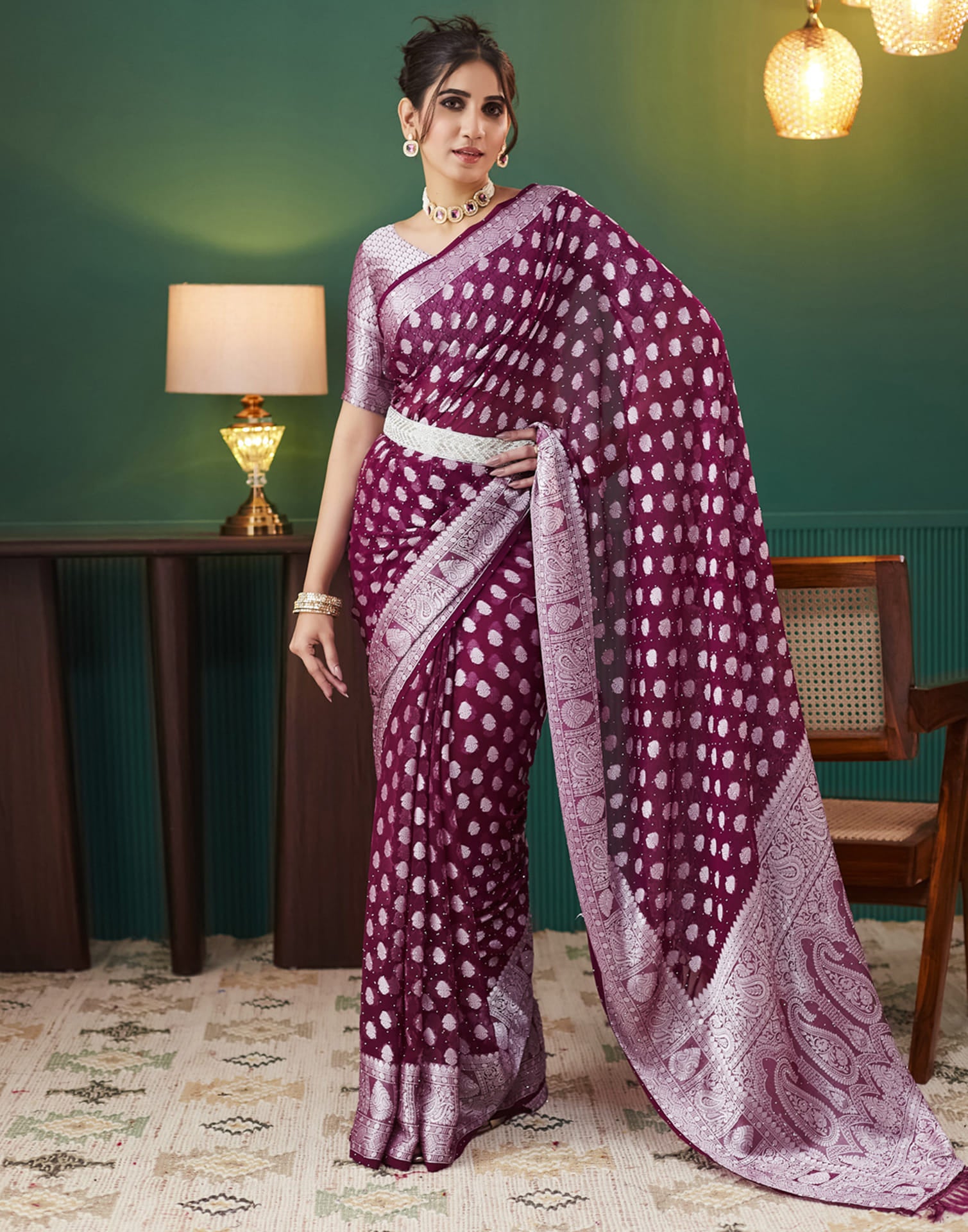 Wine Georgette Weaving Banarasi Saree