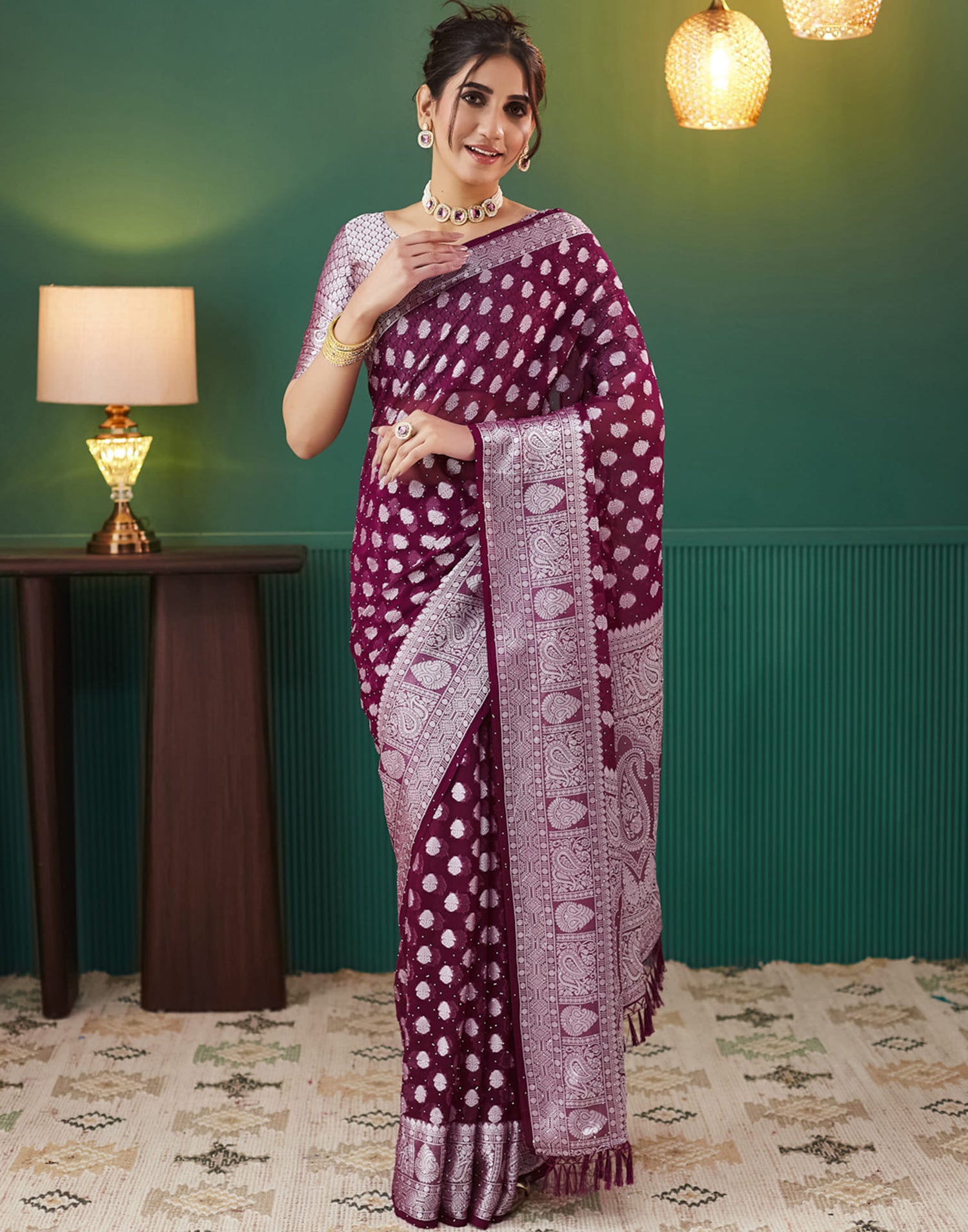 Wine Georgette Weaving Banarasi Saree