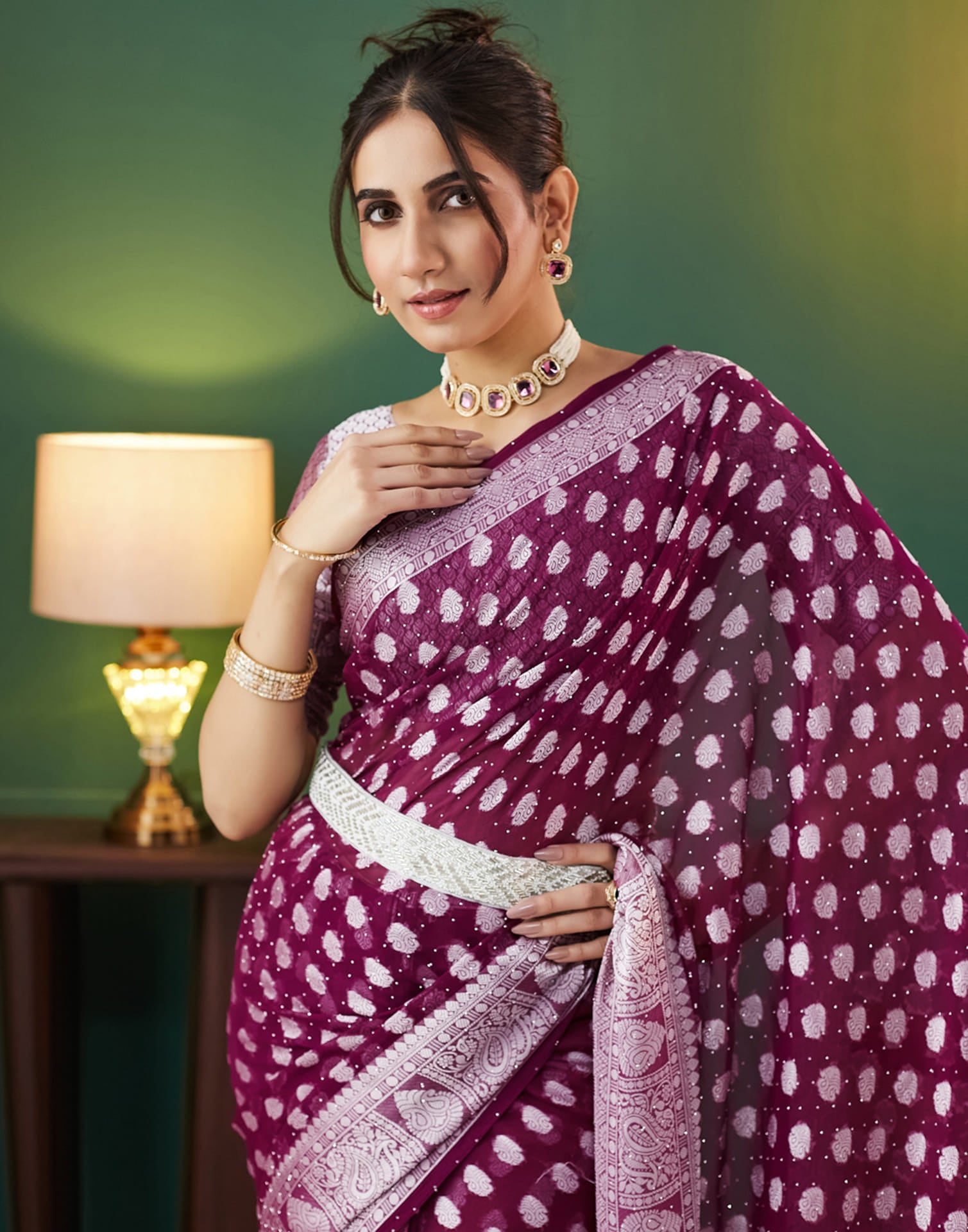 Wine Georgette Weaving Banarasi Saree