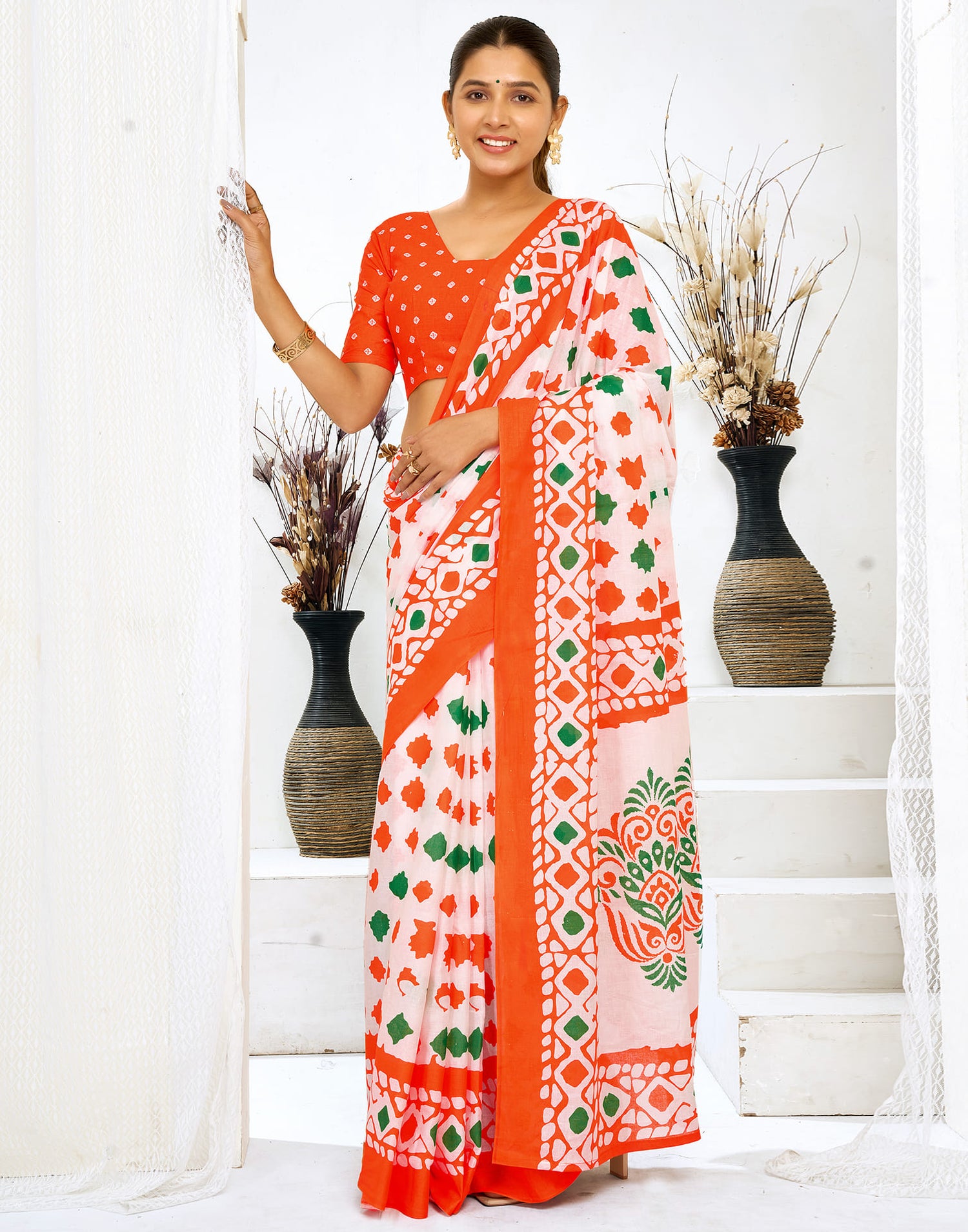 White Cotton Printed Saree