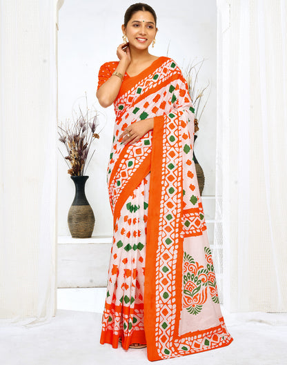 White Cotton Printed Saree