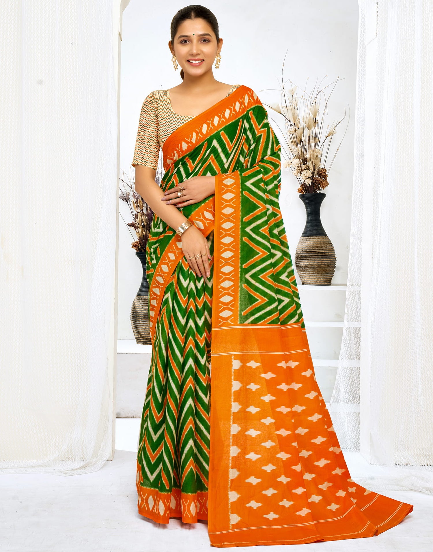 Green Cotton Printed Saree