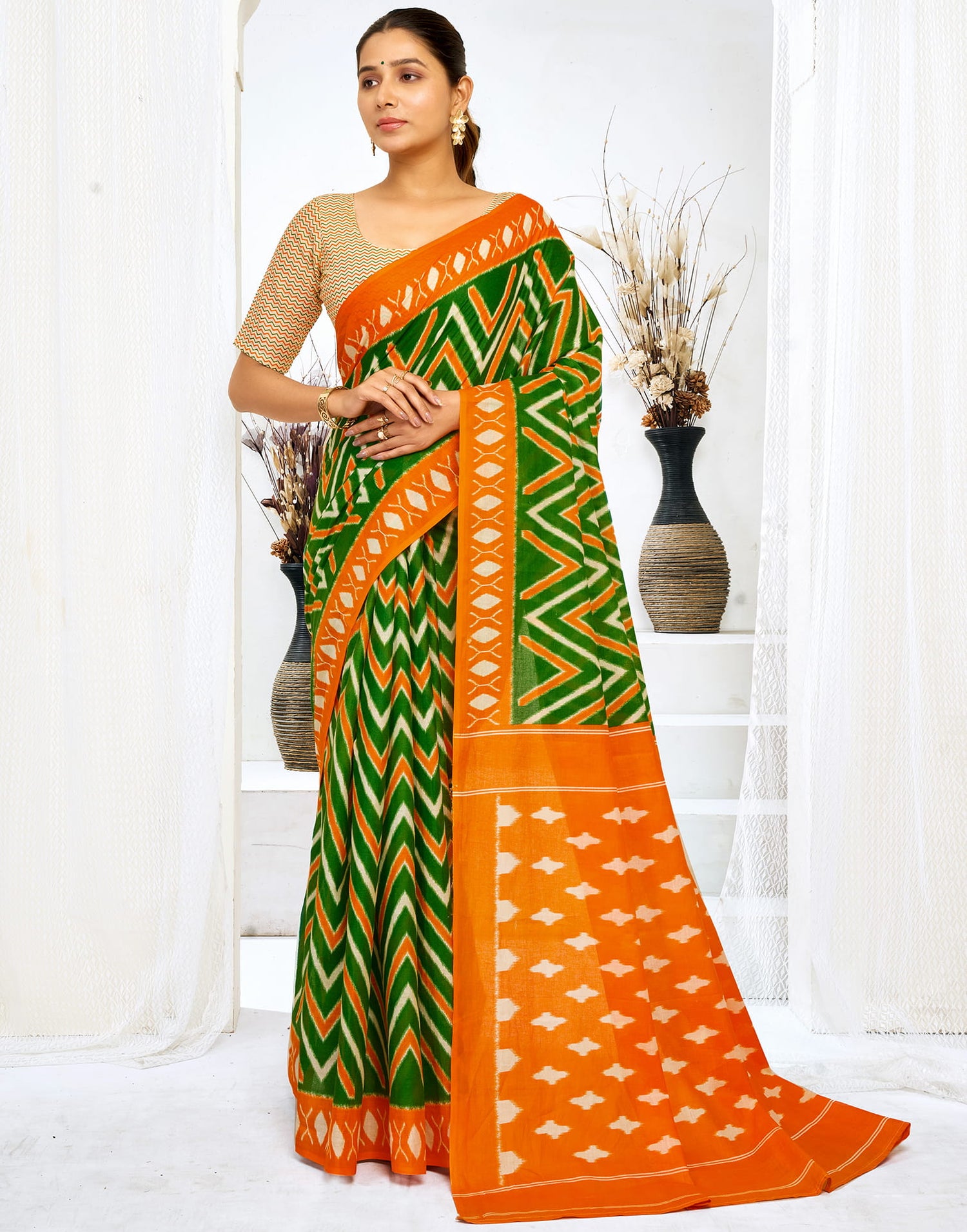 Green Cotton Printed Saree