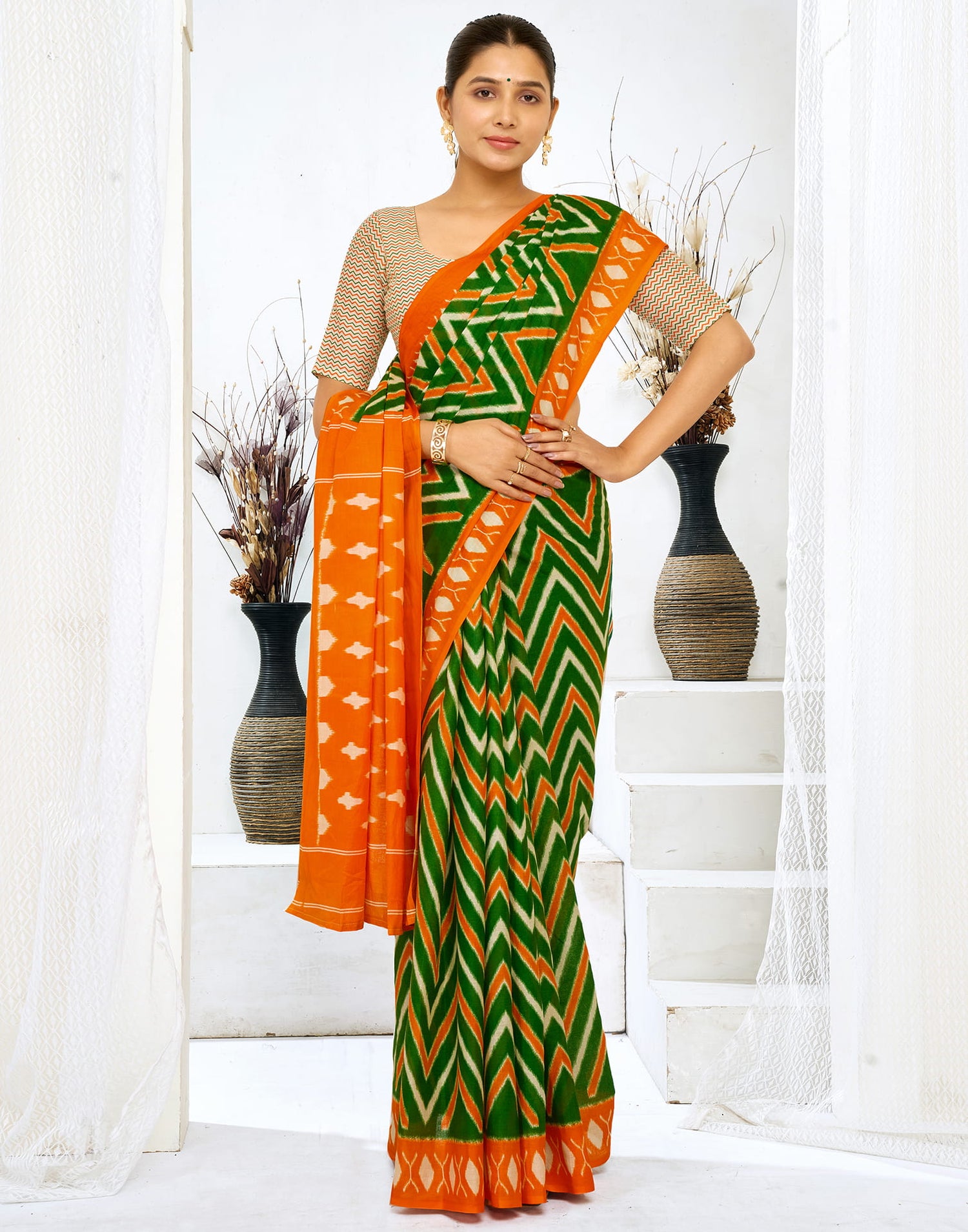 Green Cotton Printed Saree