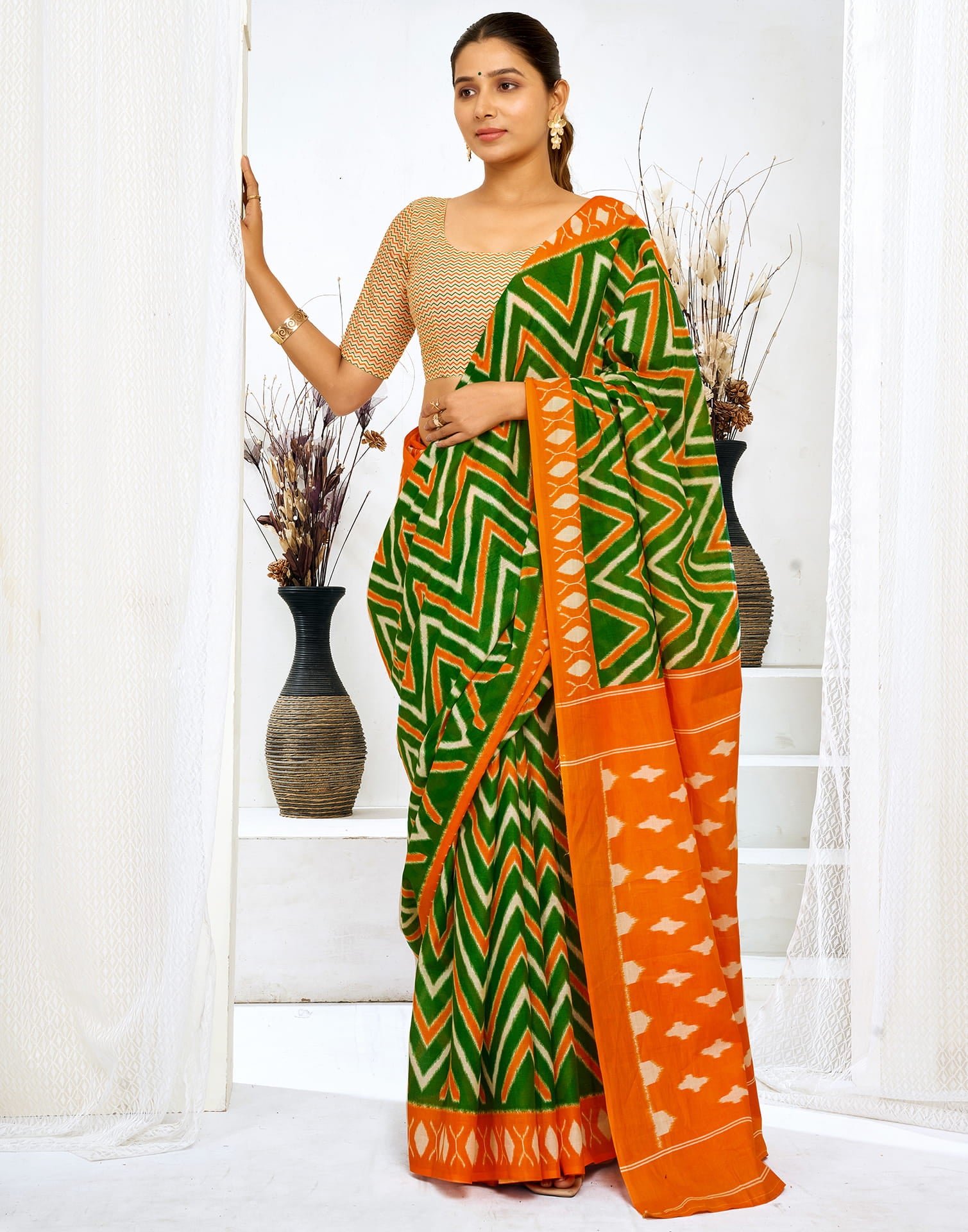 Green Cotton Printed Saree