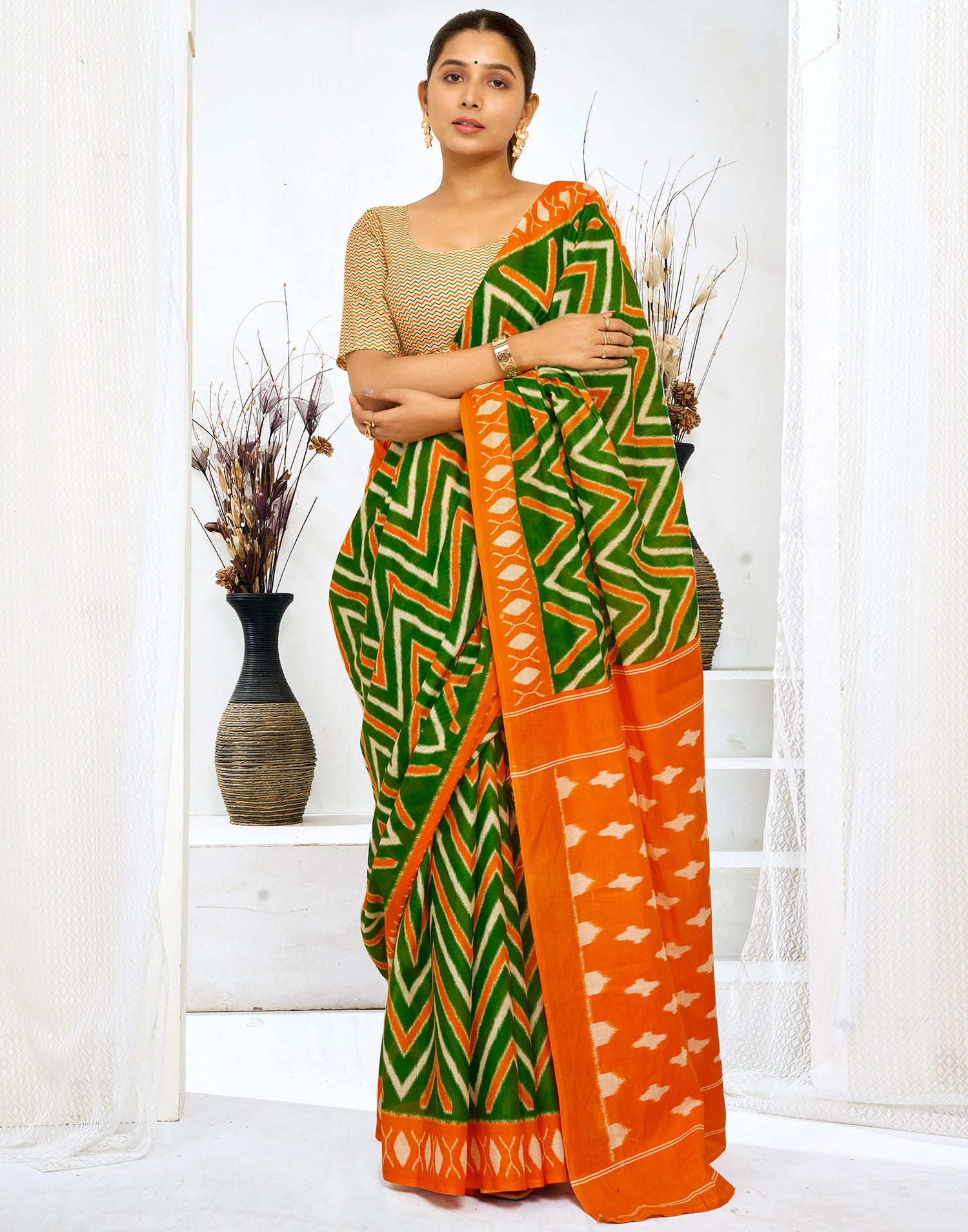 Green Cotton Printed Saree