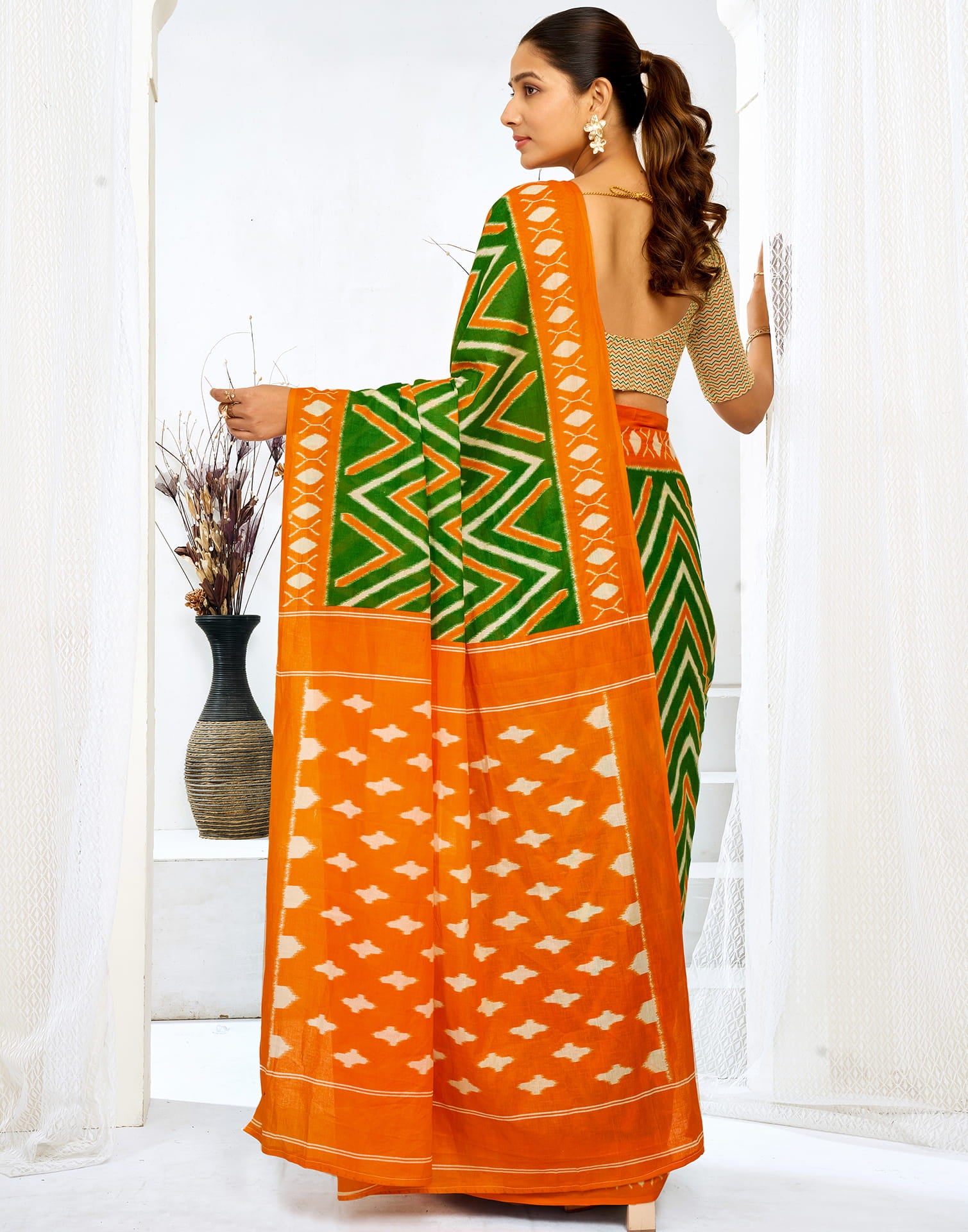 Green Cotton Printed Saree