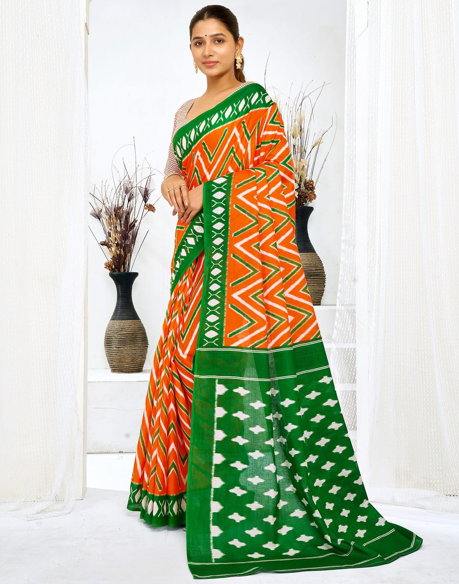 Orange Cotton Printed Saree