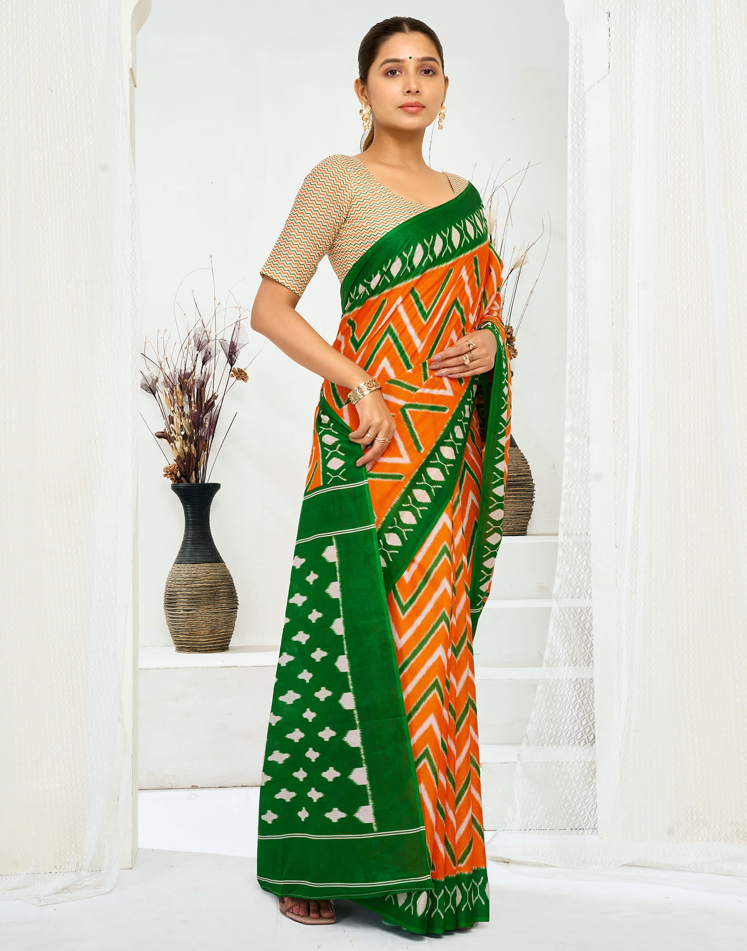 Orange Cotton Printed Saree