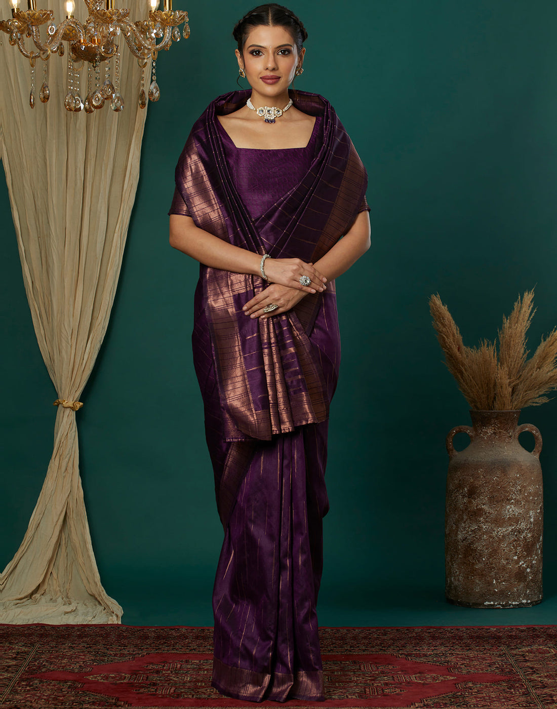 Wine Silk Blend Woven Kanjivaram Saree