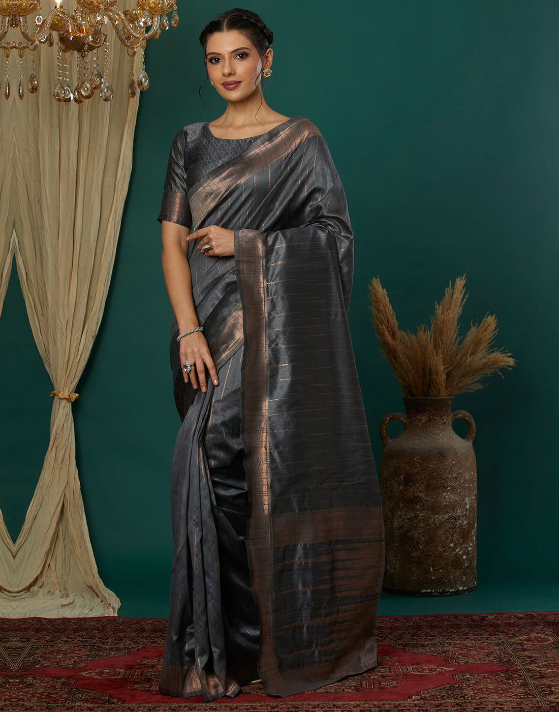 Grey Silk Blend Woven Kanjivaram Saree