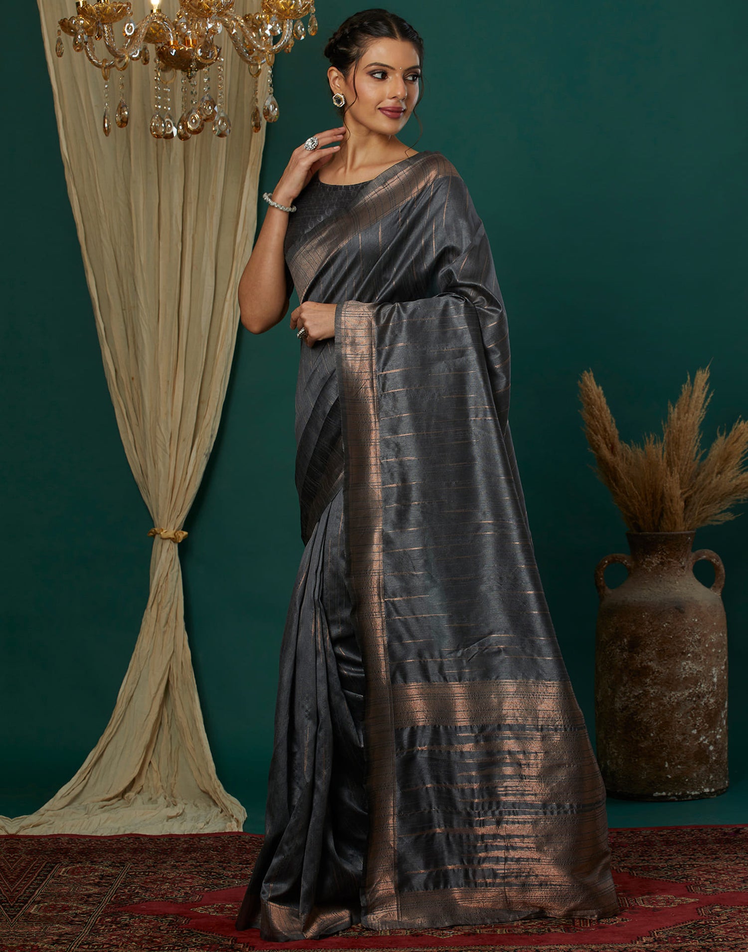 Grey Silk Blend Woven Kanjivaram Saree