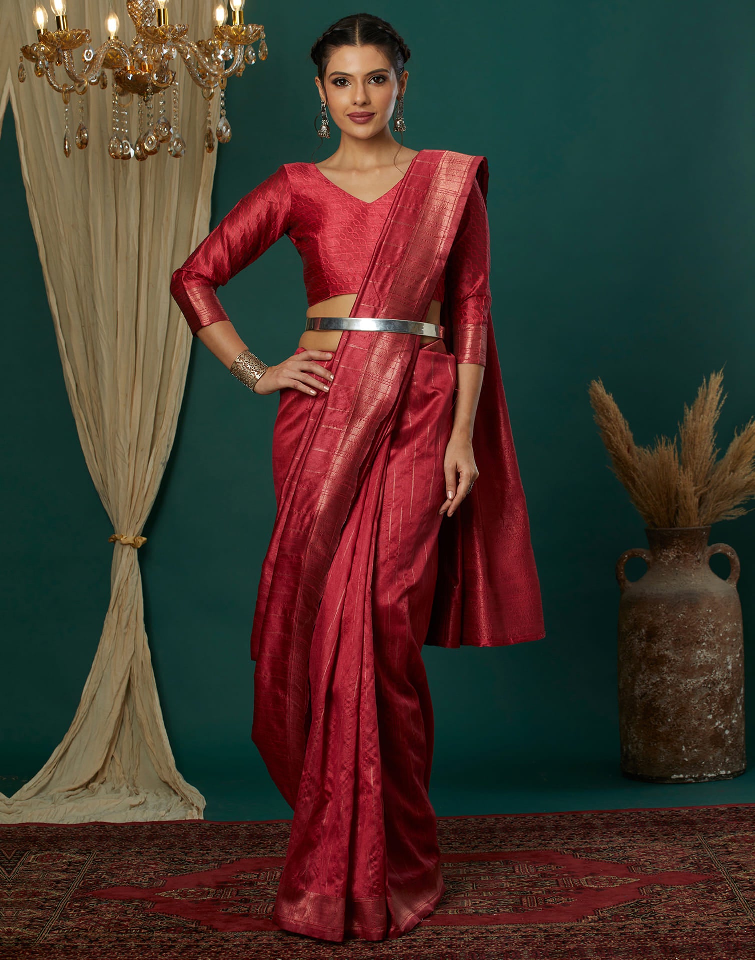 Red Silk Blend Woven Kanjivaram Saree