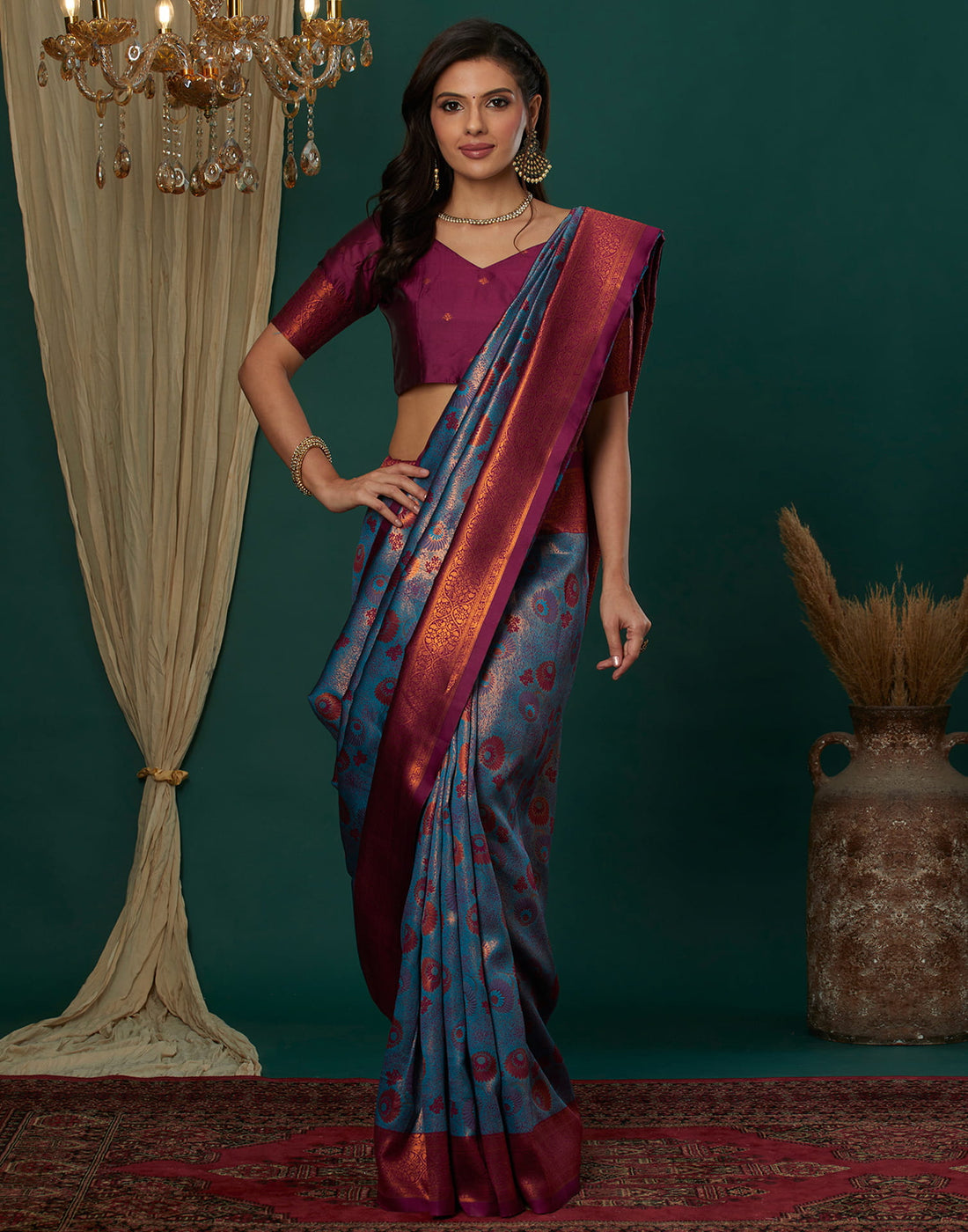 Teal Blue Silk Weaving Banarasi Saree