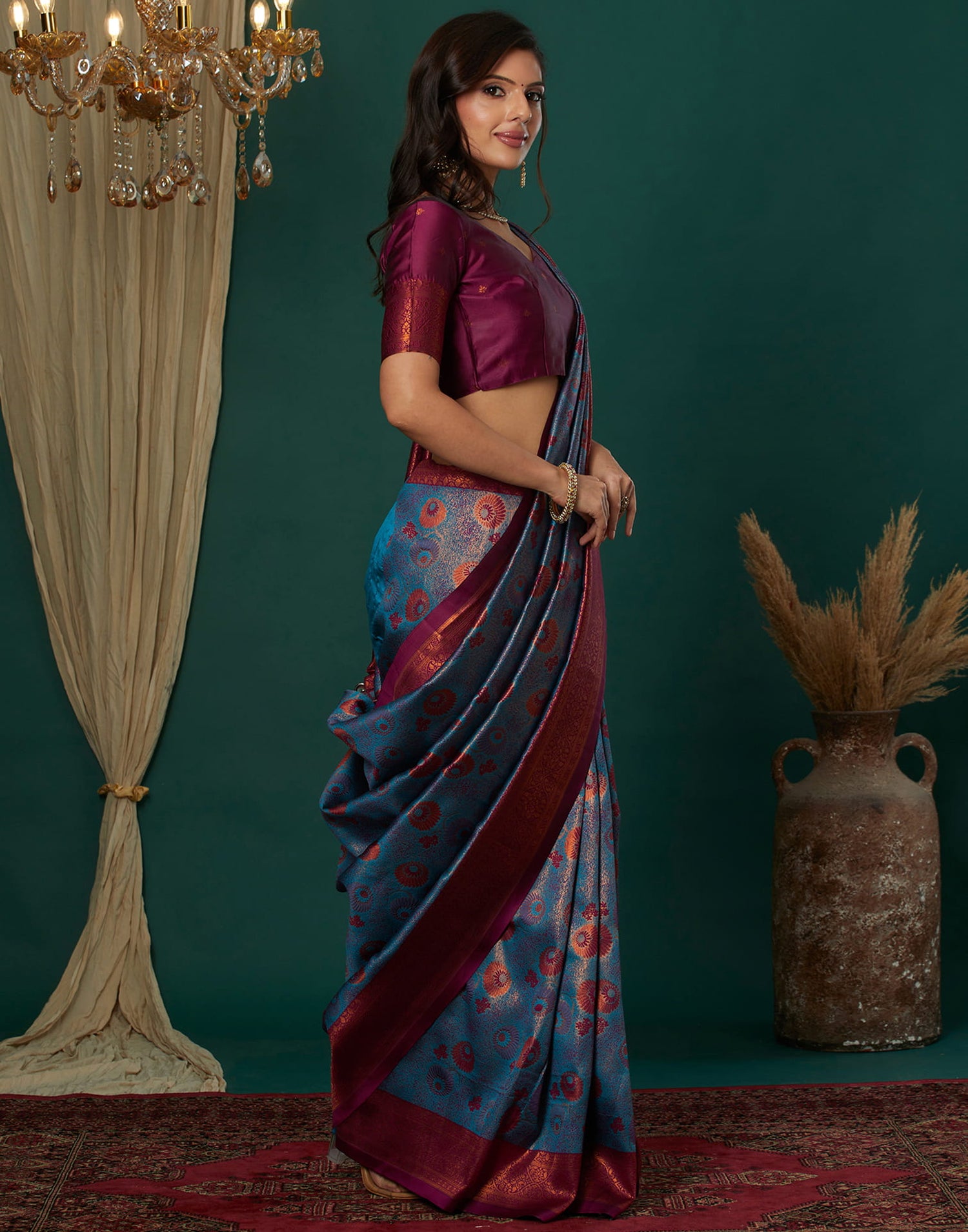 Teal Blue Silk Weaving Banarasi Saree