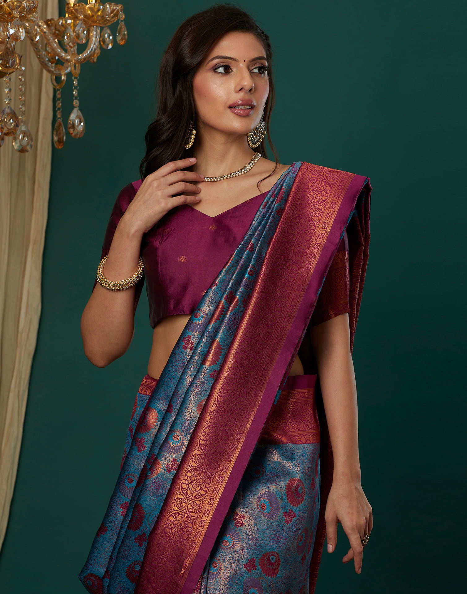 Teal Blue Silk Weaving Banarasi Saree