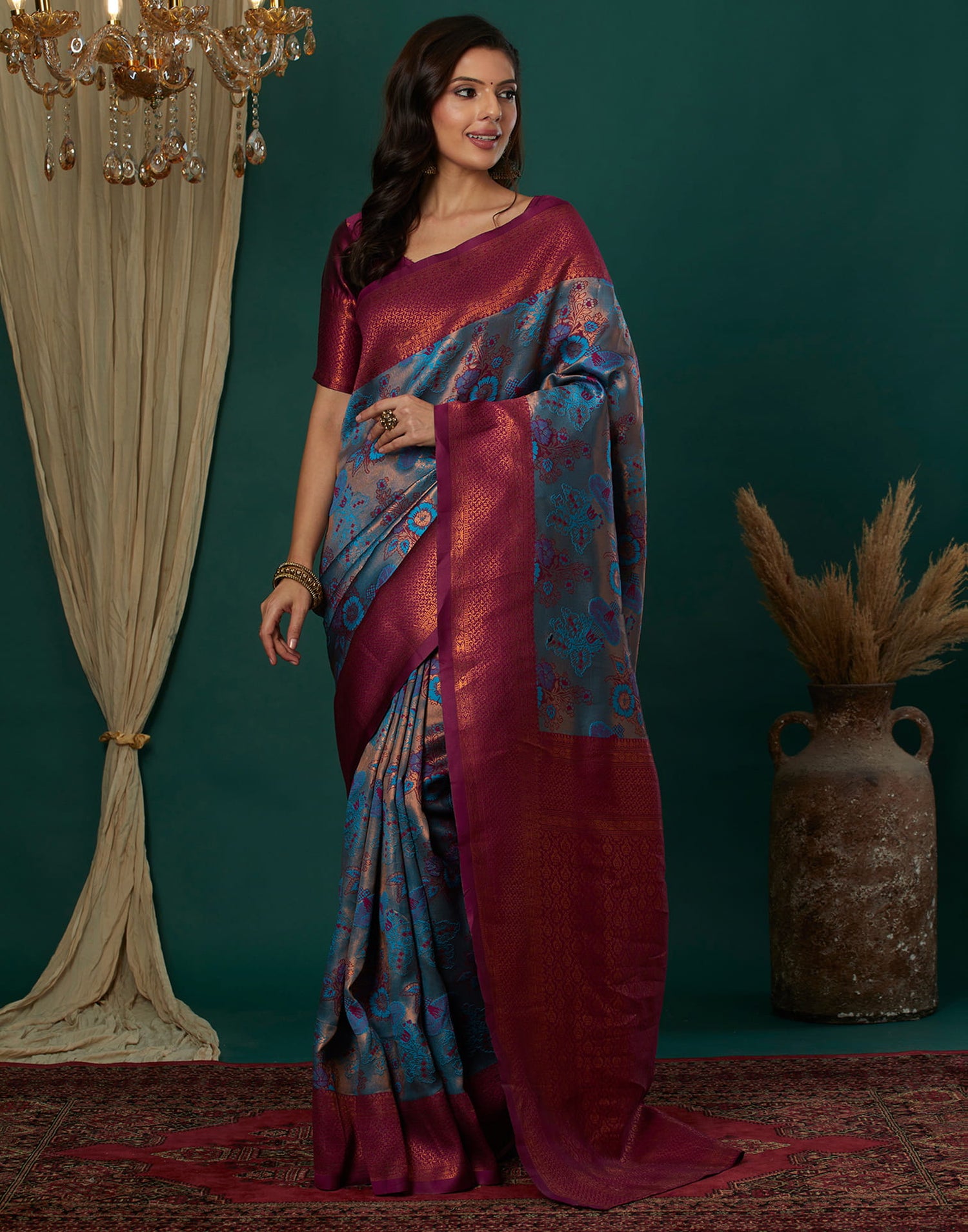 Teal Blue Silk Weaving Banarasi Saree