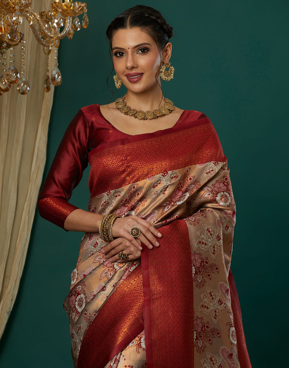 Beige Silk Blend Woven Woven Saree