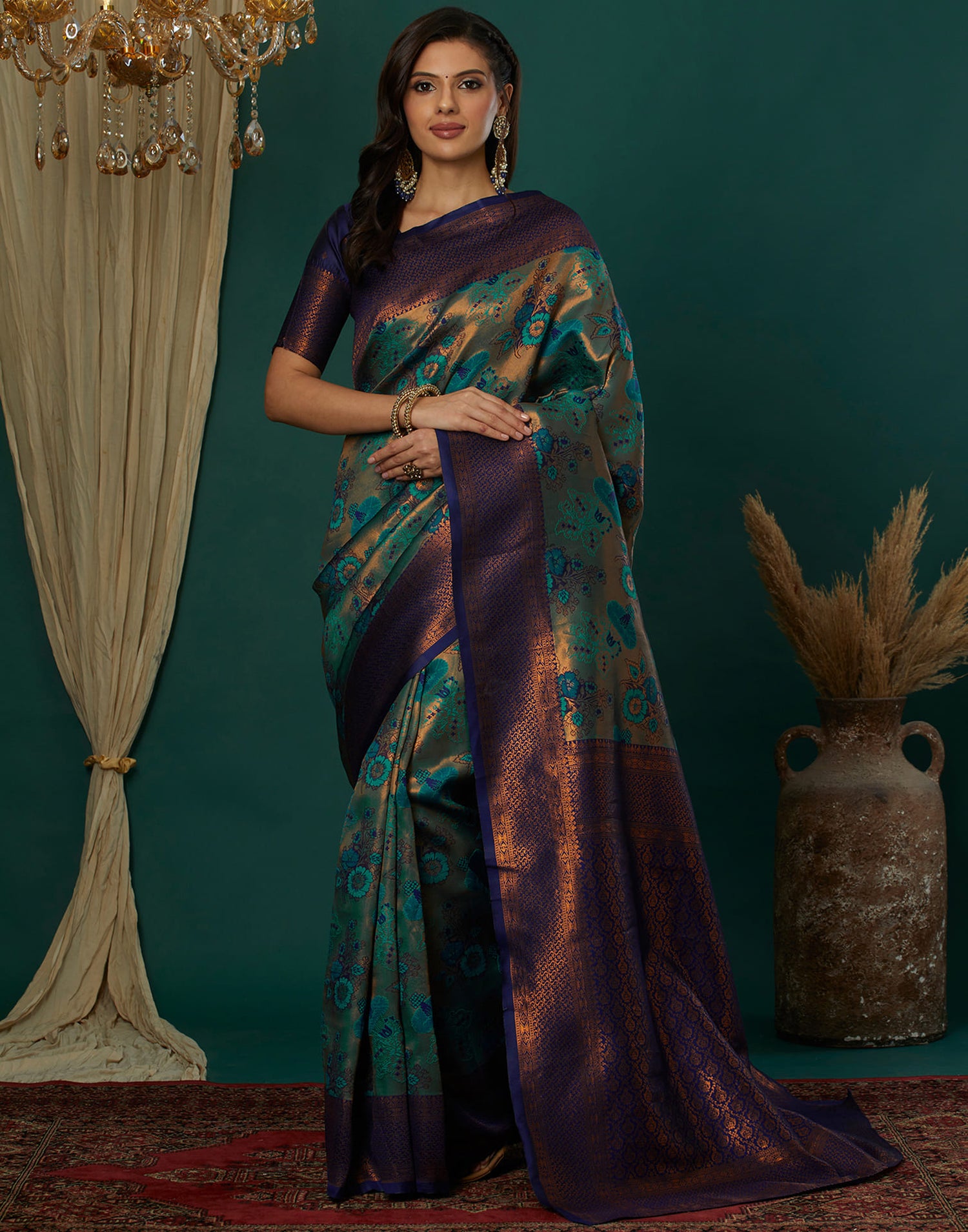 Teal Green Silk Weaving Banarasi Saree