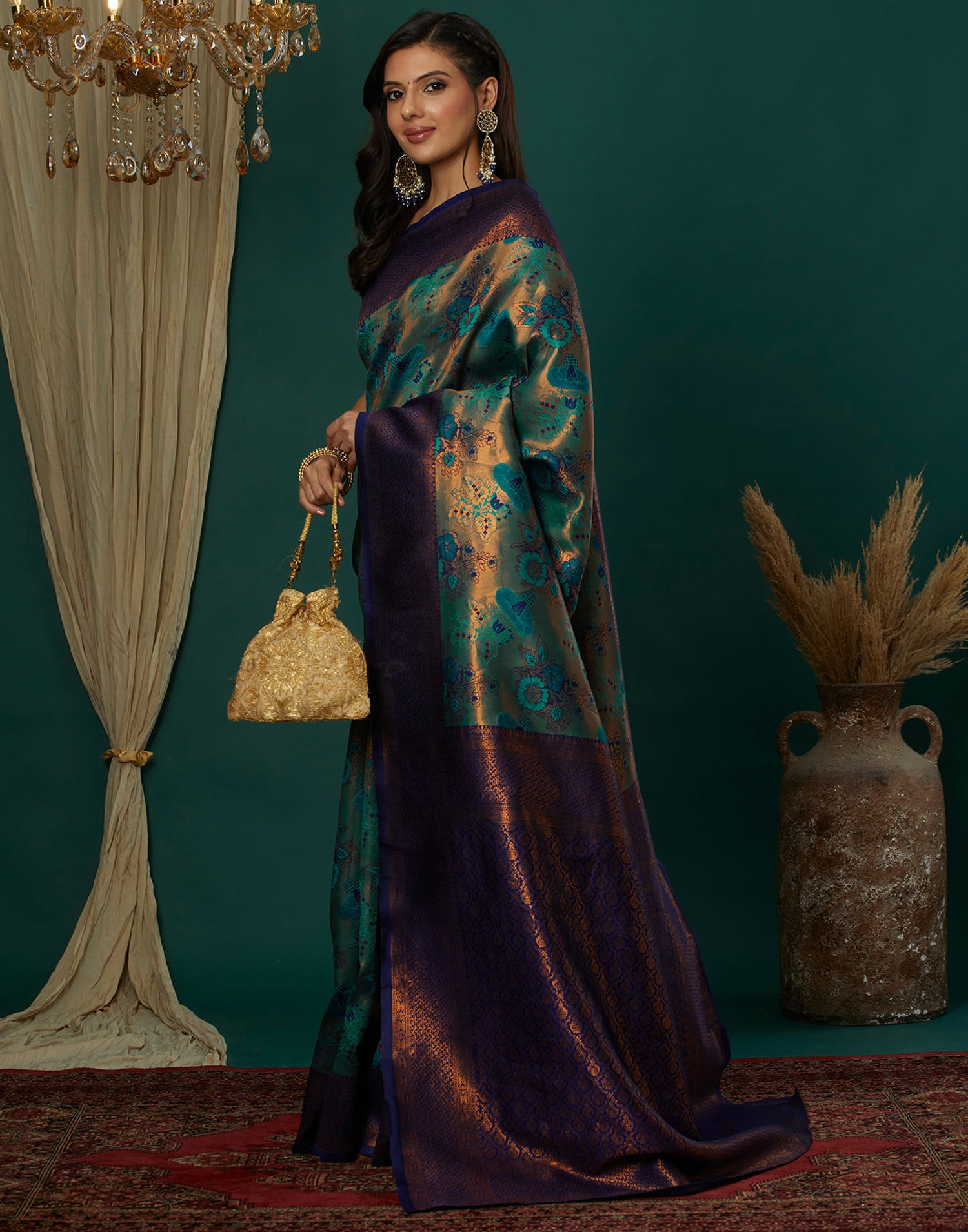 Teal Green Silk Weaving Banarasi Saree