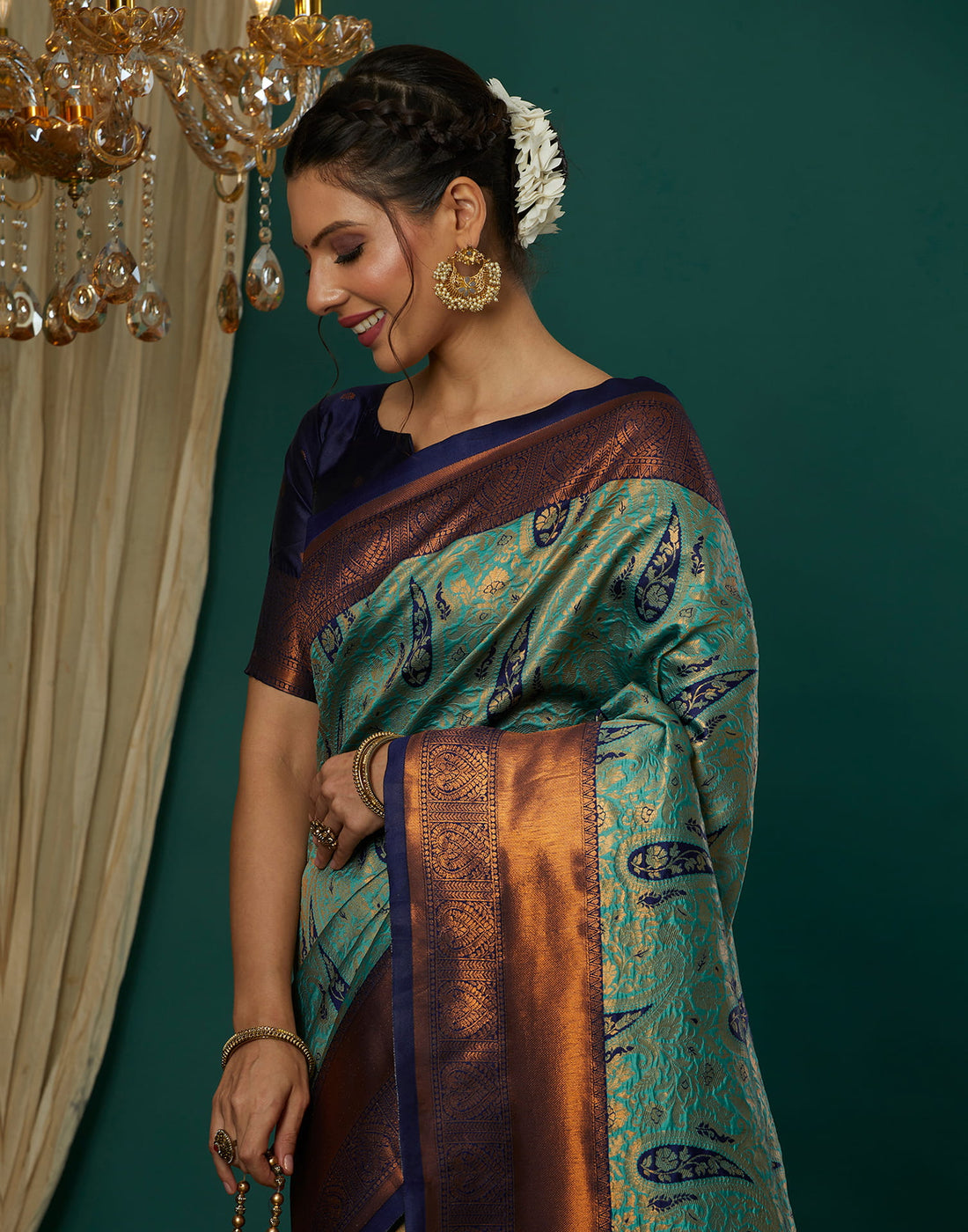 Turquoise Silk Blend Woven Saree