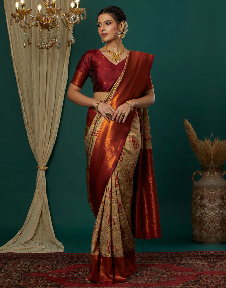 Beige Silk Woven Banarasi Saree